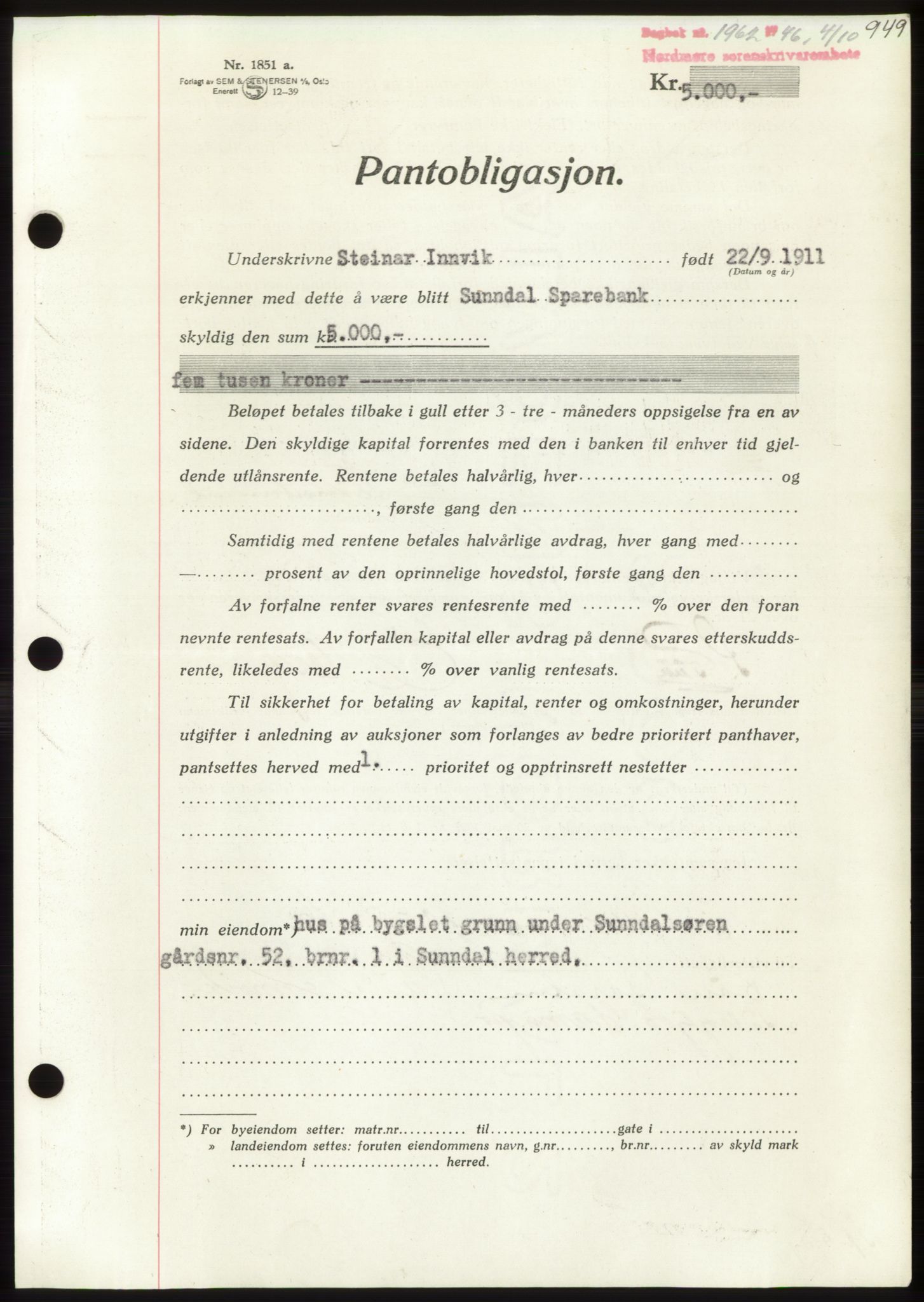 Nordmøre sorenskriveri, AV/SAT-A-4132/1/2/2Ca: Mortgage book no. B94, 1946-1946, Diary no: : 1962/1946