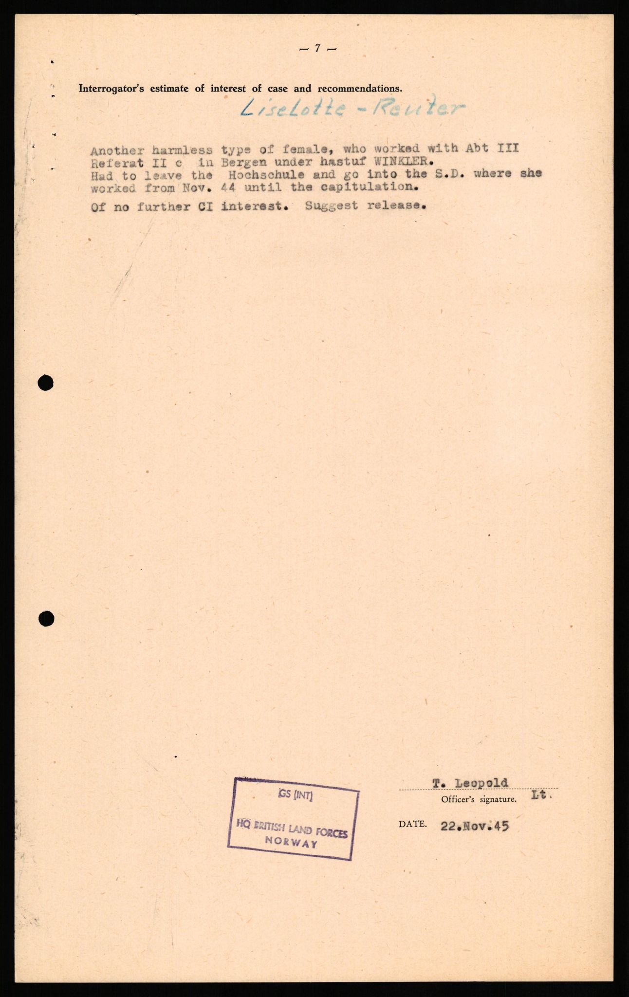 Forsvaret, Forsvarets overkommando II, AV/RA-RAFA-3915/D/Db/L0027: CI Questionaires. Tyske okkupasjonsstyrker i Norge. Tyskere., 1945-1946, p. 293