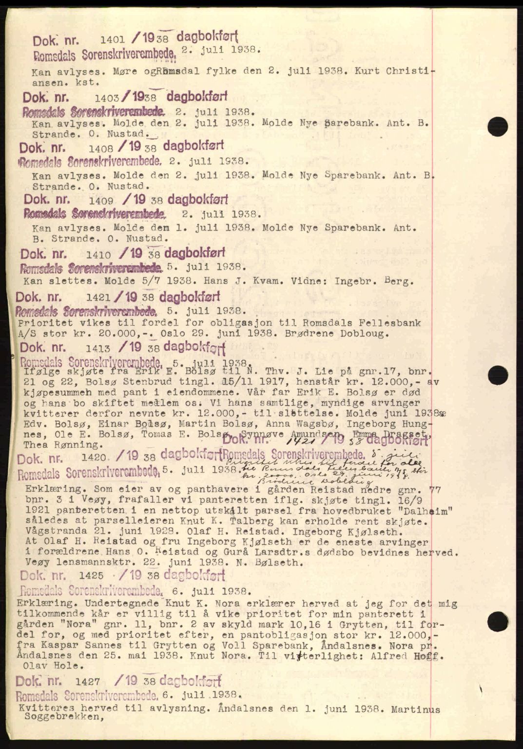 Romsdal sorenskriveri, AV/SAT-A-4149/1/2/2C: Mortgage book no. C1a, 1936-1945, Diary no: : 1401/1938