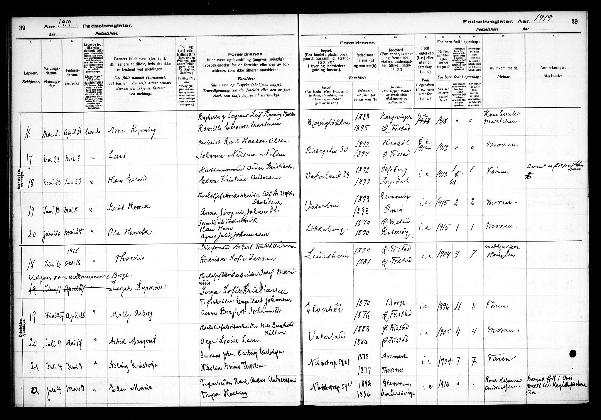 Østre Fredrikstad prestekontor Kirkebøker, AV/SAO-A-10907/J/Ja/L0001: Birth register no. 1, 1916-1936, p. 39