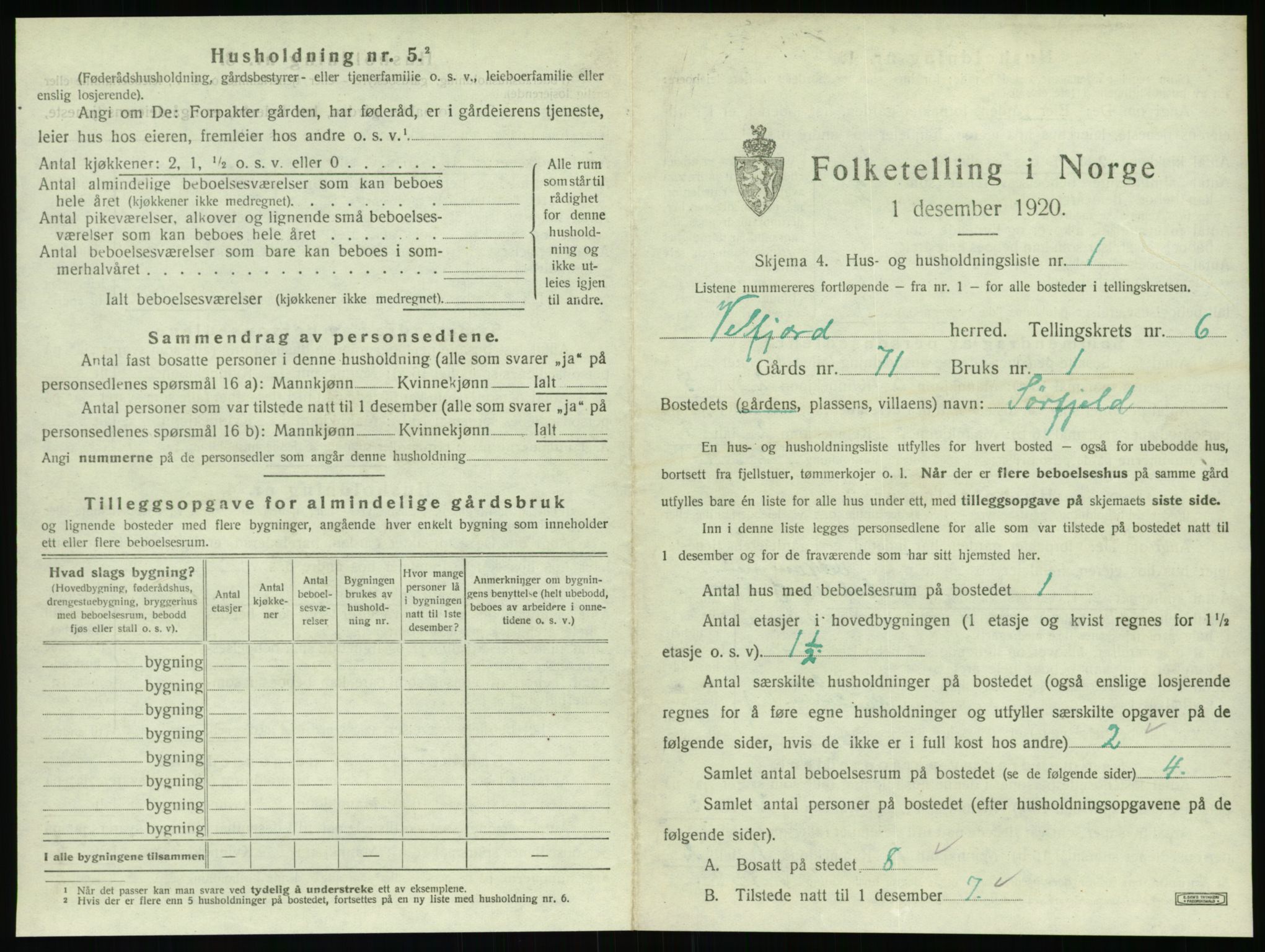 SAT, 1920 census for Velfjord, 1920, p. 527