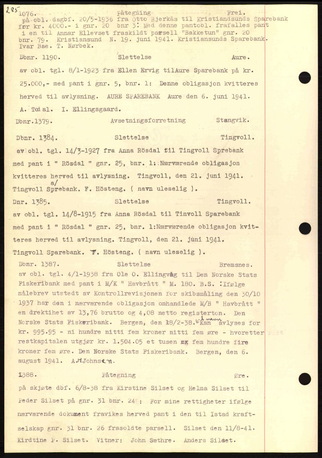 Nordmøre sorenskriveri, AV/SAT-A-4132/1/2/2Ca: Mortgage book no. C81, 1940-1945, Diary no: : 1384/1941