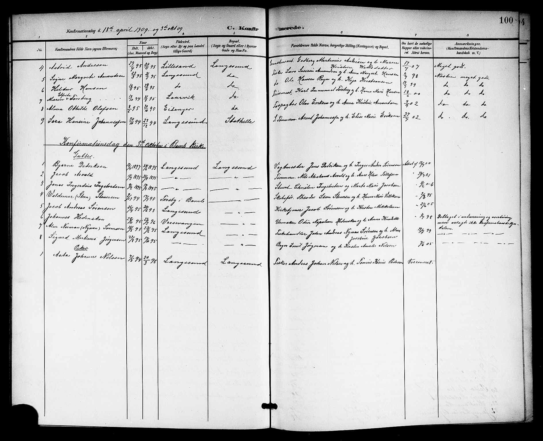 Langesund kirkebøker, SAKO/A-280/G/Ga/L0006: Parish register (copy) no. 6, 1899-1918, p. 100