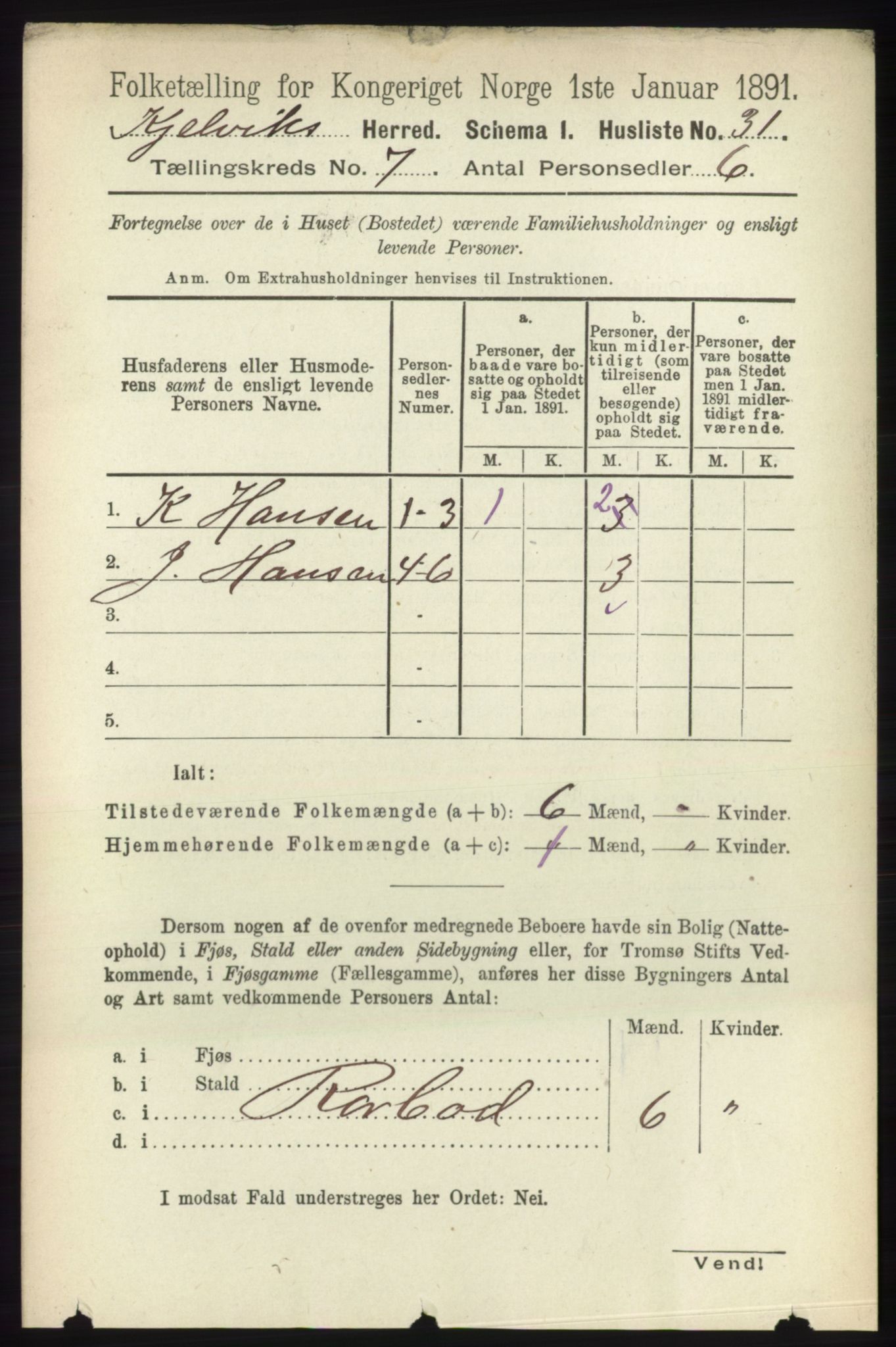 RA, 1891 census for 2019 Kjelvik, 1891, p. 876