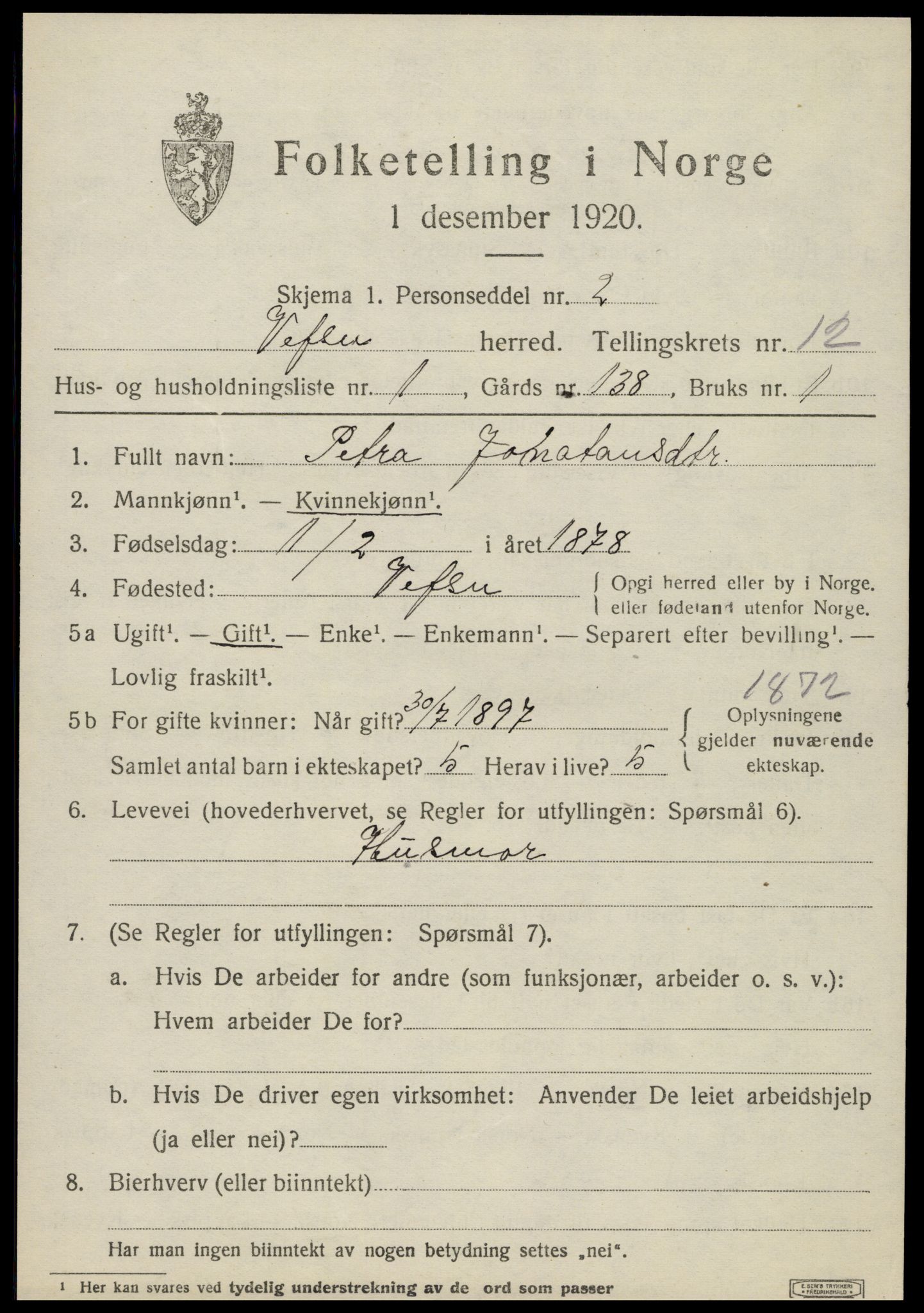 SAT, 1920 census for Vefsn, 1920, p. 9453