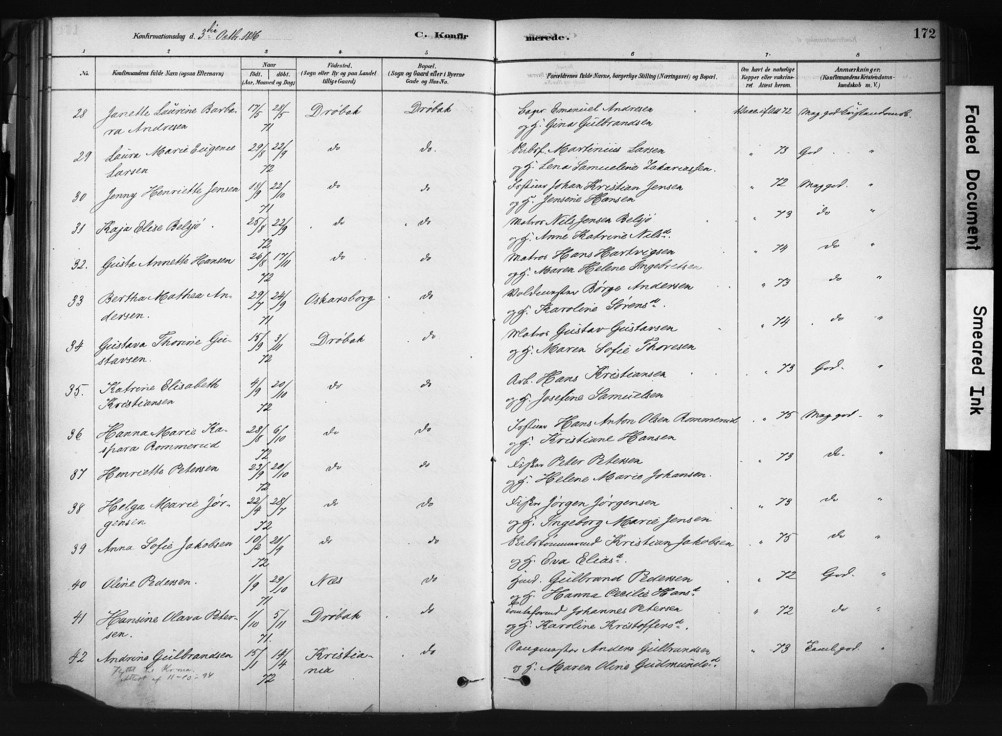 Drøbak prestekontor Kirkebøker, AV/SAO-A-10142a/F/Fb/L0001: Parish register (official) no. II 1, 1878-1891, p. 172