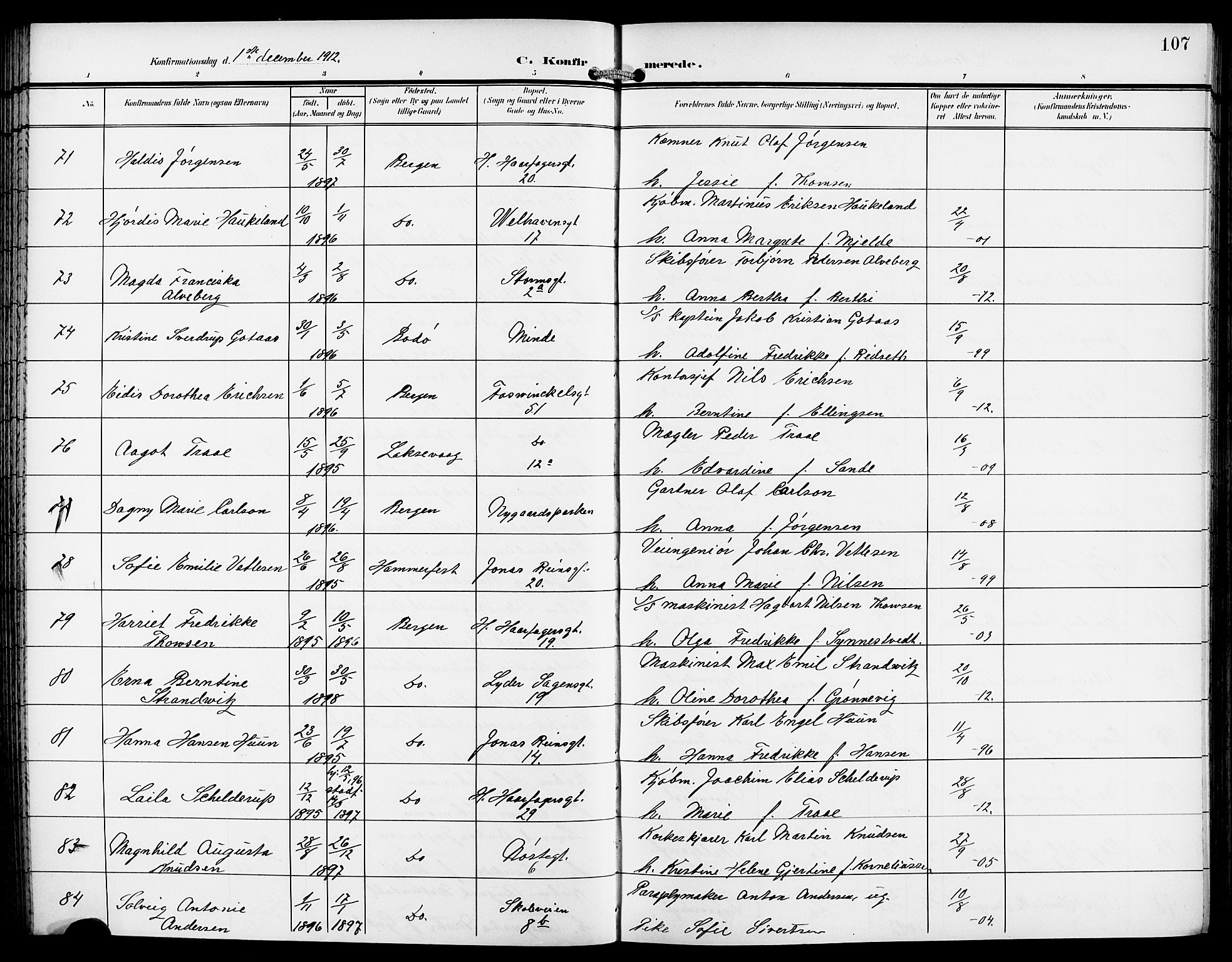 Johanneskirken sokneprestembete, AV/SAB-A-76001/H/Hab: Parish register (copy) no. B 2, 1907-1924, p. 107