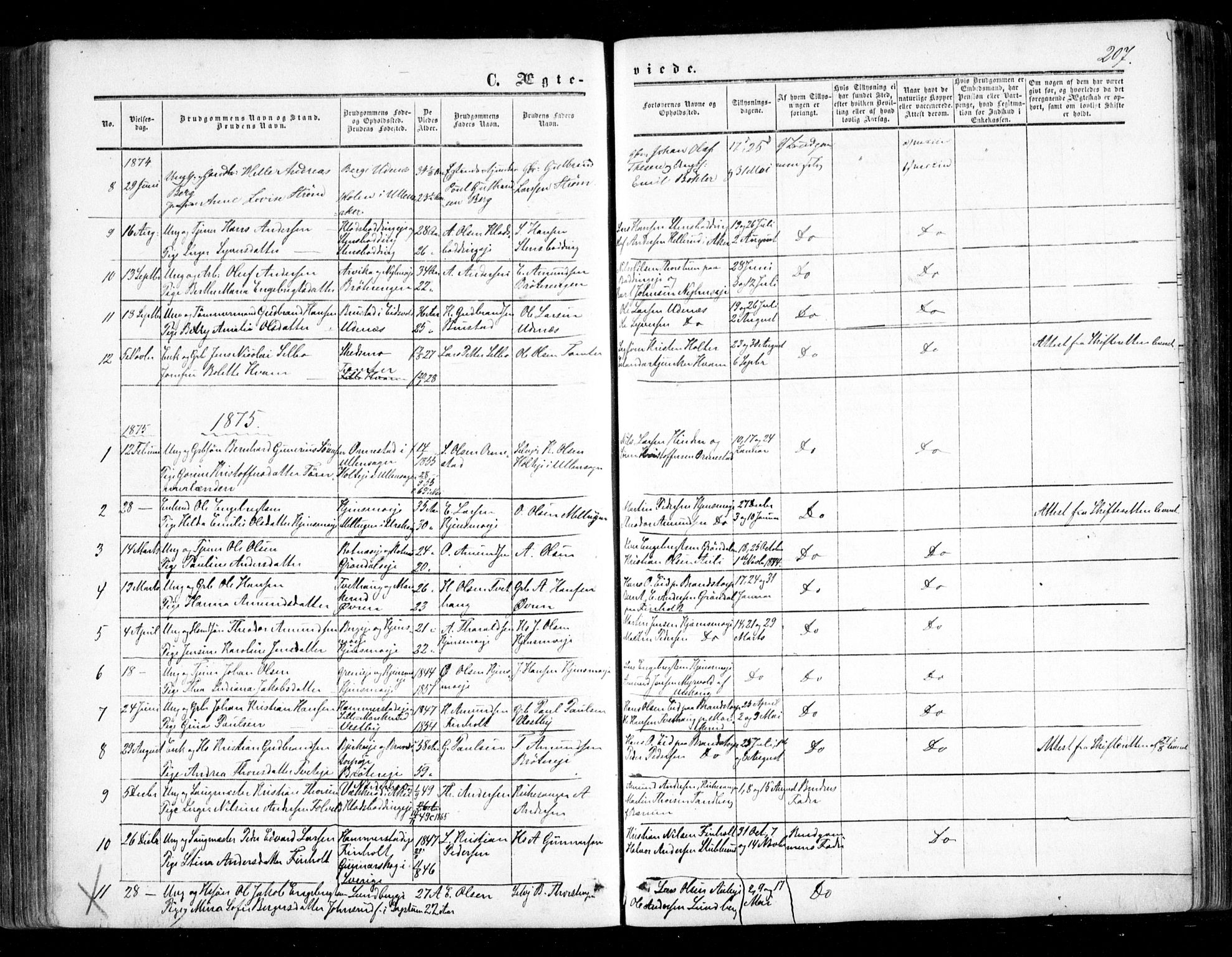 Nes prestekontor Kirkebøker, SAO/A-10410/F/Fc/L0001: Parish register (official) no. III 1, 1859-1882, p. 207