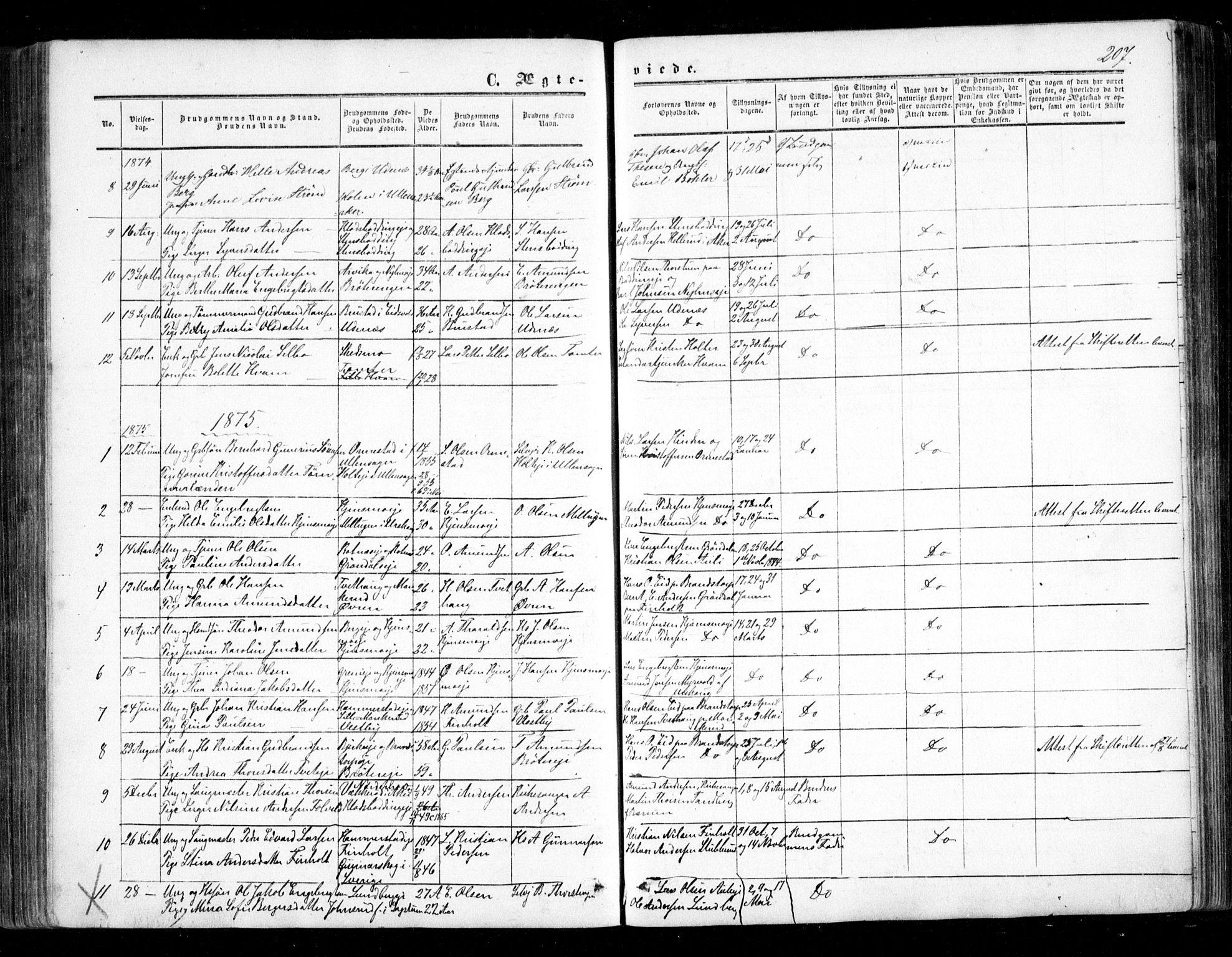 Nes prestekontor Kirkebøker, AV/SAO-A-10410/F/Fc/L0001: Parish register (official) no. III 1, 1859-1882, p. 207