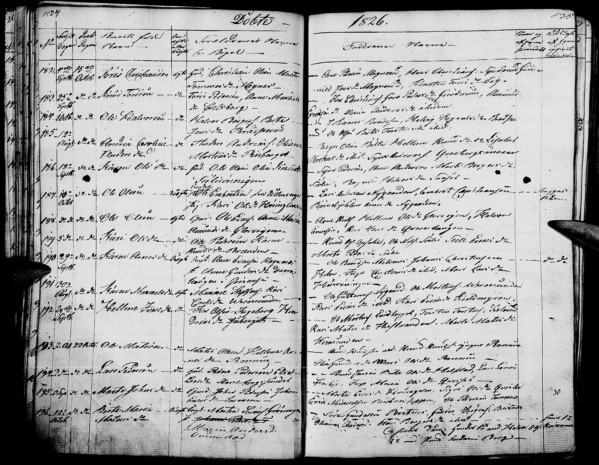 Hof prestekontor, AV/SAH-PREST-038/H/Ha/Haa/L0006: Parish register (official) no. 6, 1822-1841, p. 134-135
