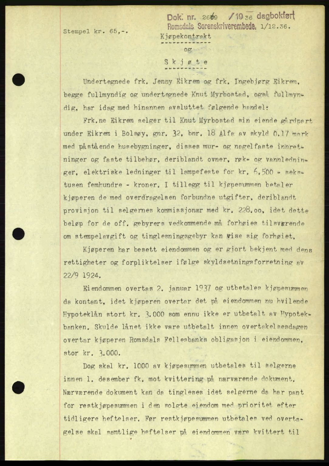 Romsdal sorenskriveri, SAT/A-4149/1/2/2C: Mortgage book no. A2, 1936-1937, Diary no: : 2669/1936