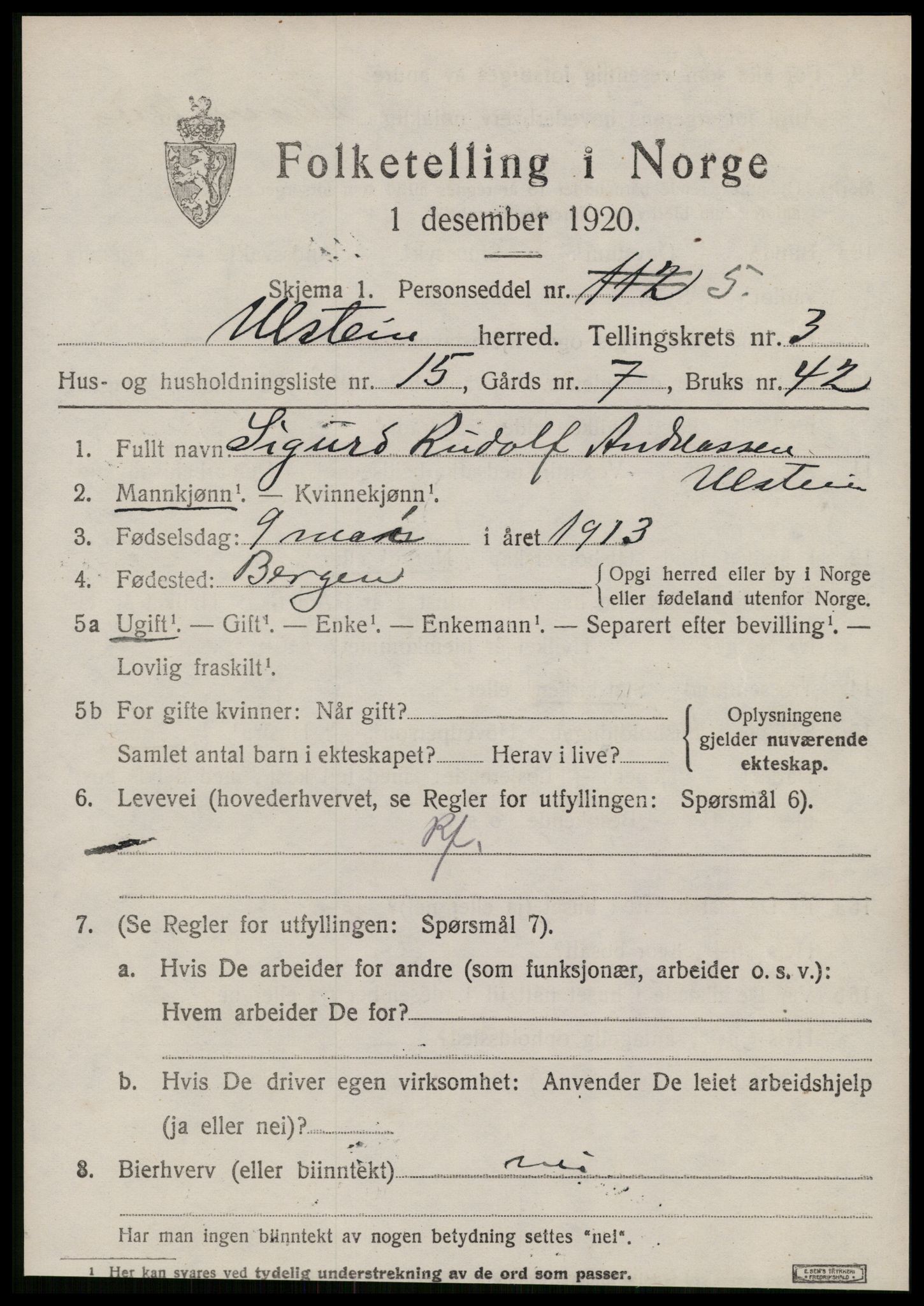 SAT, 1920 census for Ulstein, 1920, p. 1844