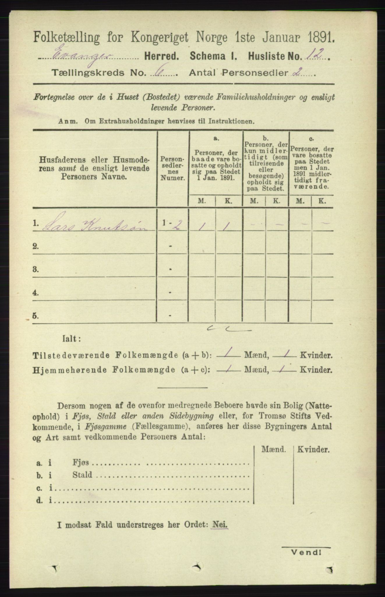 RA, 1891 census for 1237 Evanger, 1891, p. 1591