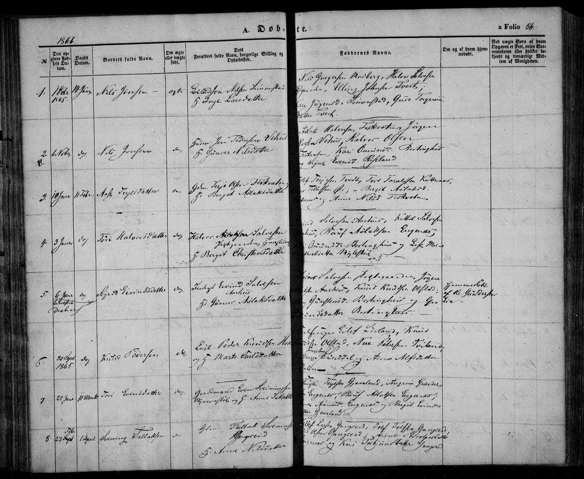 Åmli sokneprestkontor, AV/SAK-1111-0050/F/Fa/Fac/L0008: Parish register (official) no. A 8, 1852-1869, p. 56