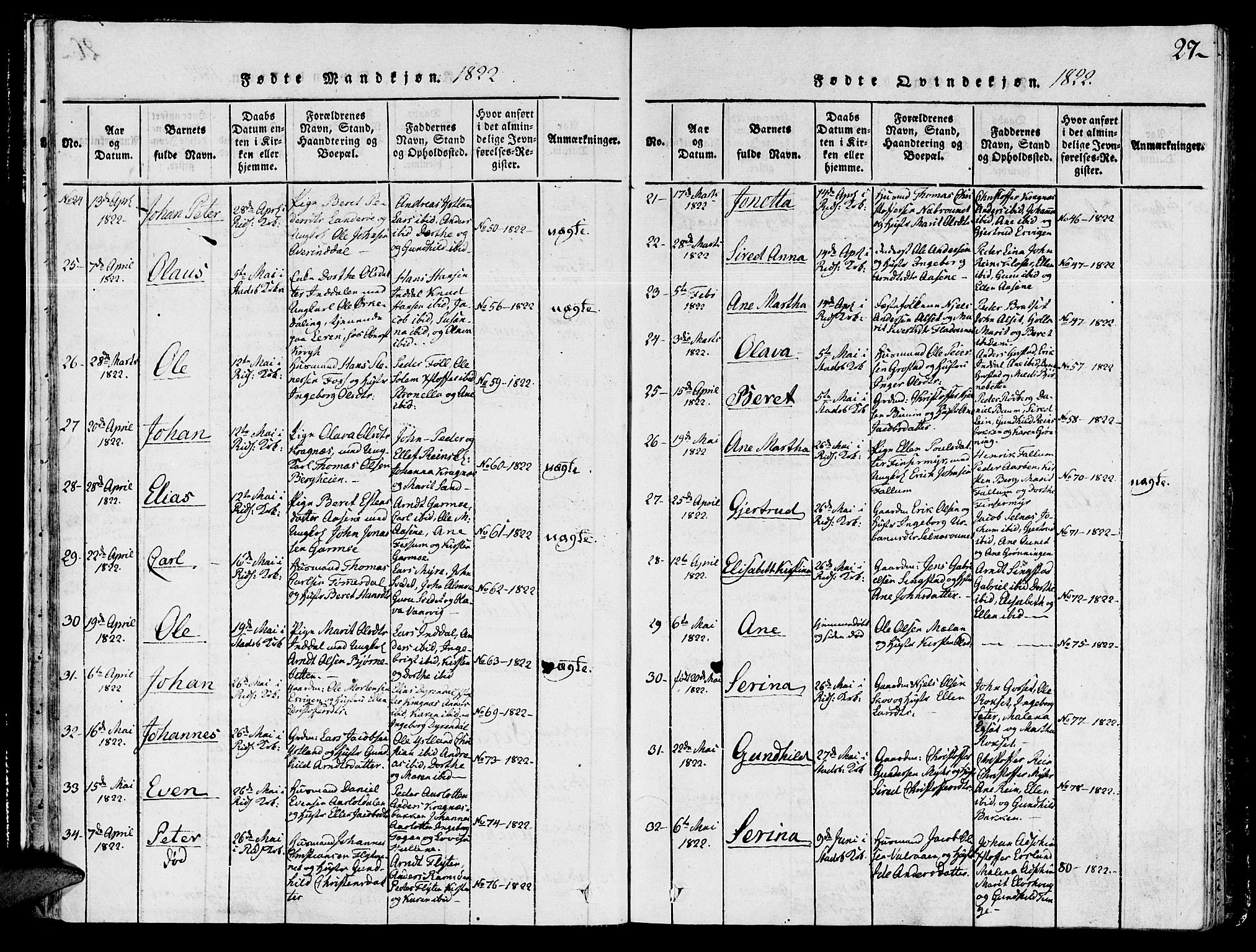 Ministerialprotokoller, klokkerbøker og fødselsregistre - Sør-Trøndelag, AV/SAT-A-1456/646/L0608: Parish register (official) no. 646A06, 1816-1825, p. 27