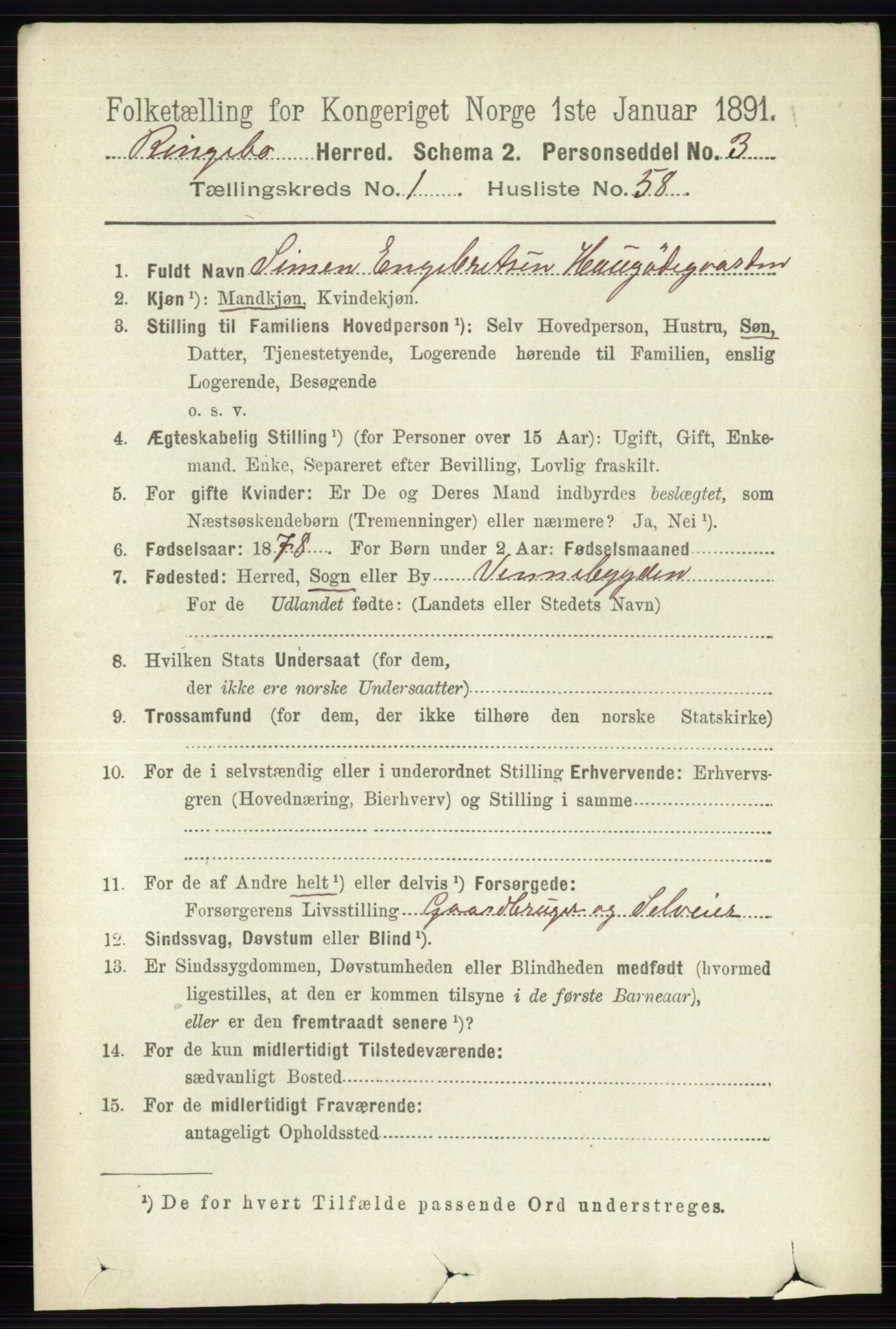 RA, 1891 census for 0520 Ringebu, 1891, p. 330