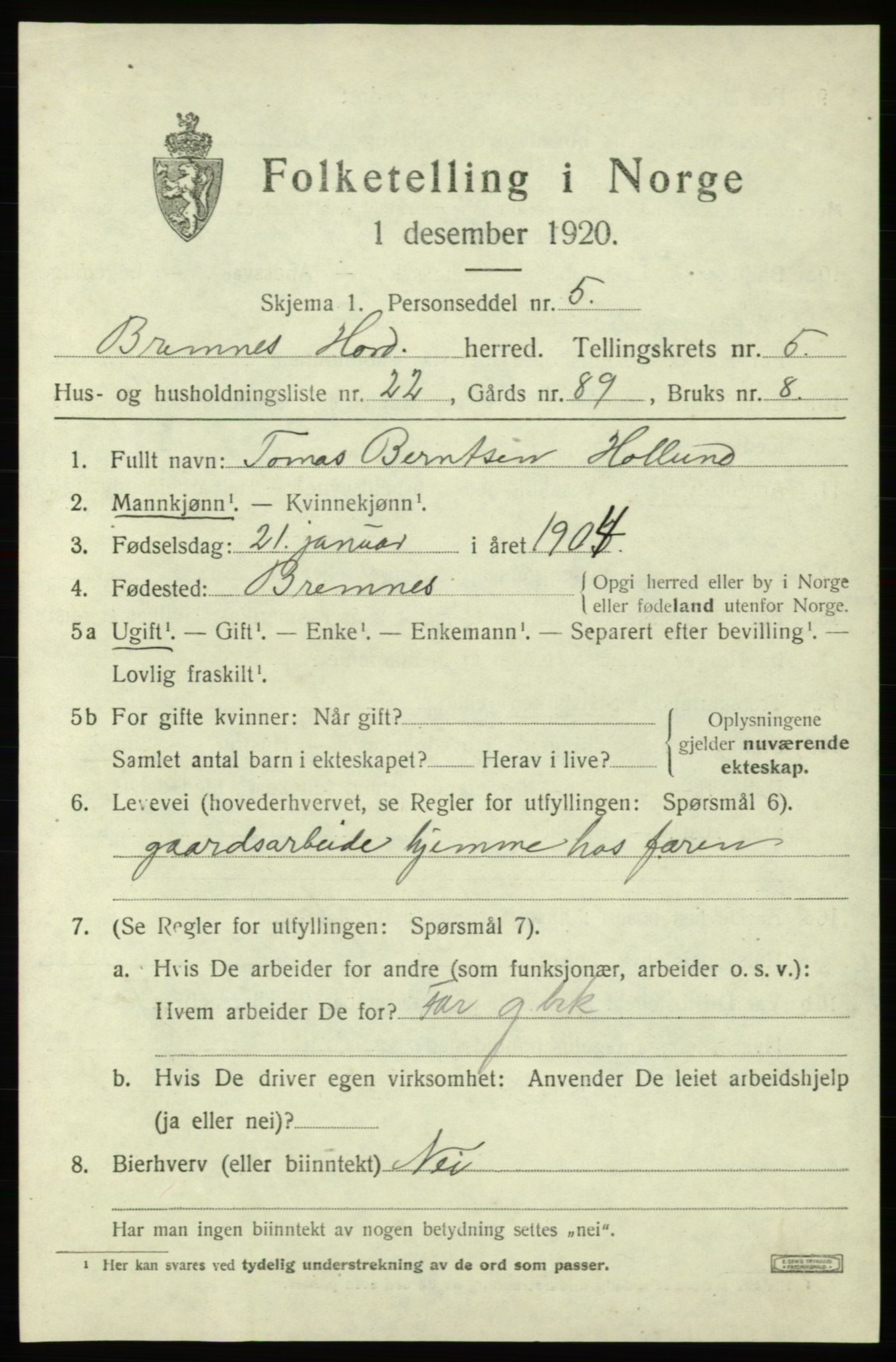 SAB, 1920 census for Bremnes, 1920, p. 2776