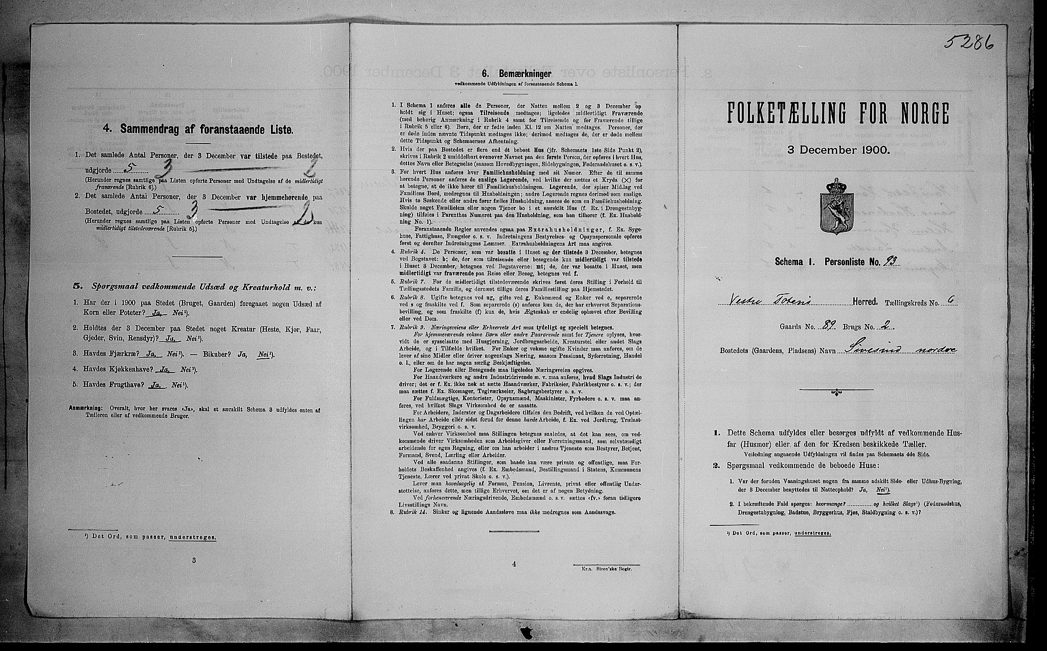 SAH, 1900 census for Vestre Toten, 1900, p. 1212