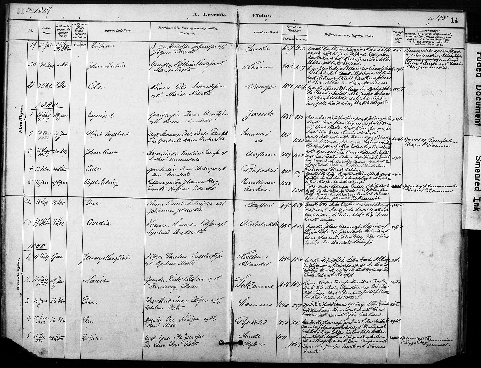 Ministerialprotokoller, klokkerbøker og fødselsregistre - Sør-Trøndelag, AV/SAT-A-1456/633/L0518: Parish register (official) no. 633A01, 1884-1906, p. 14