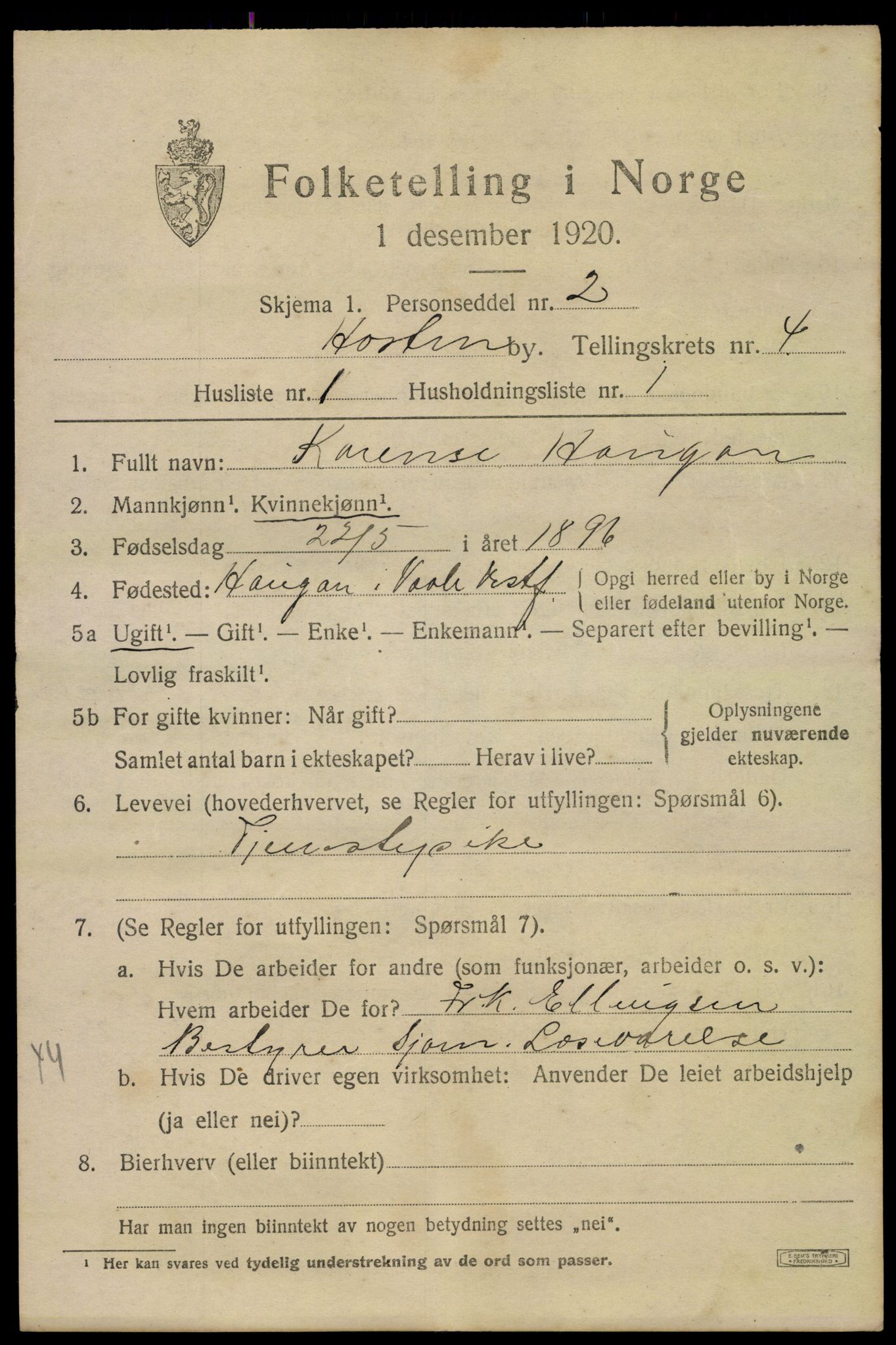 SAKO, 1920 census for Horten, 1920, p. 16265