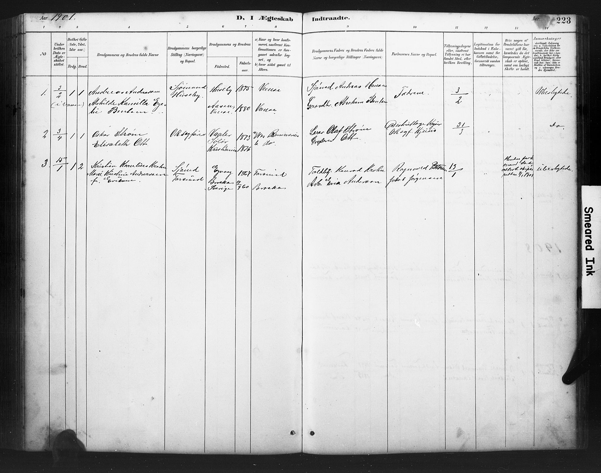 Farsund sokneprestkontor, AV/SAK-1111-0009/F/Fb/L0001: Parish register (copy) no. B 1, 1886-1931, p. 223