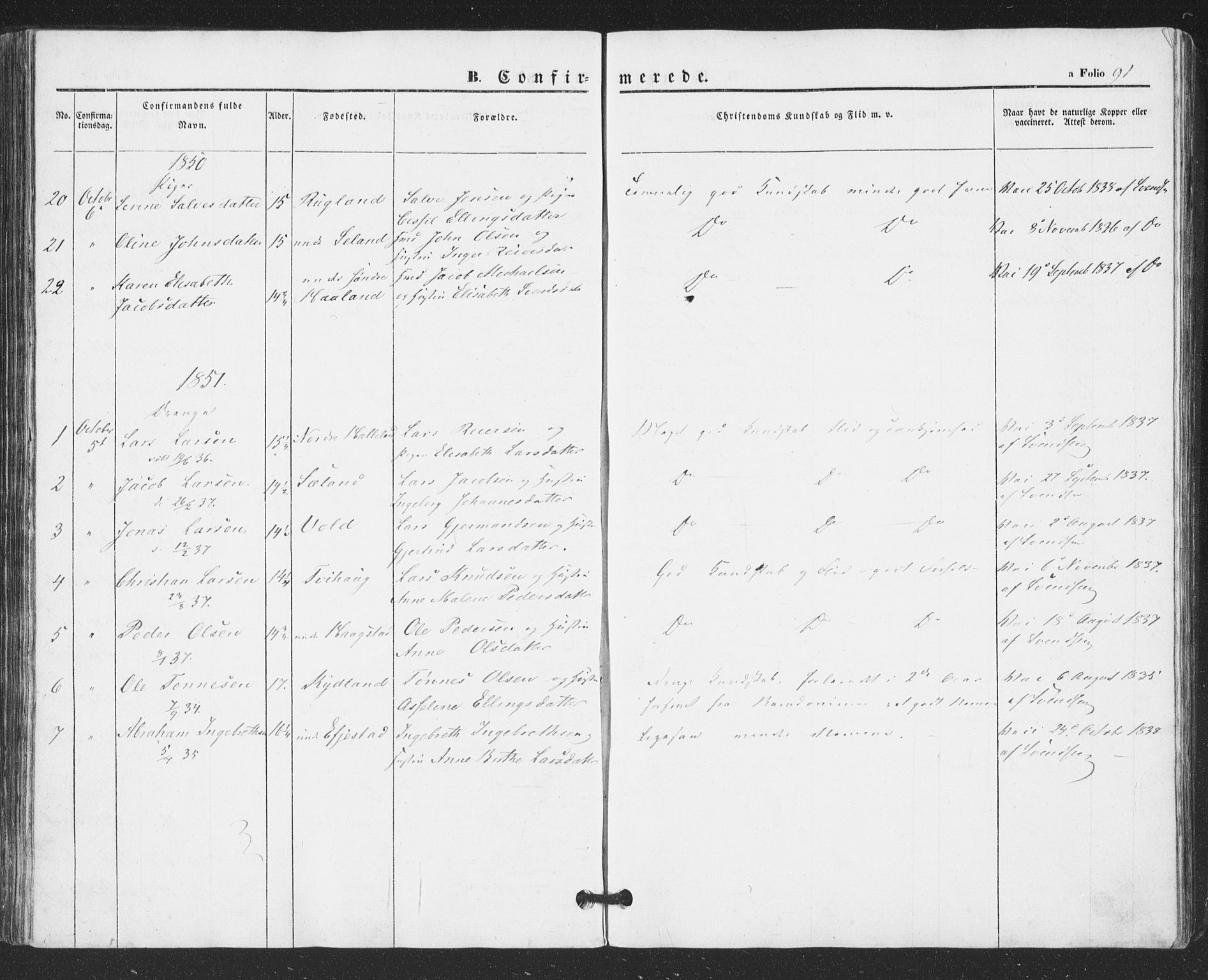 Hå sokneprestkontor, AV/SAST-A-101801/001/30BA/L0007: Parish register (official) no. A 6, 1842-1855, p. 91