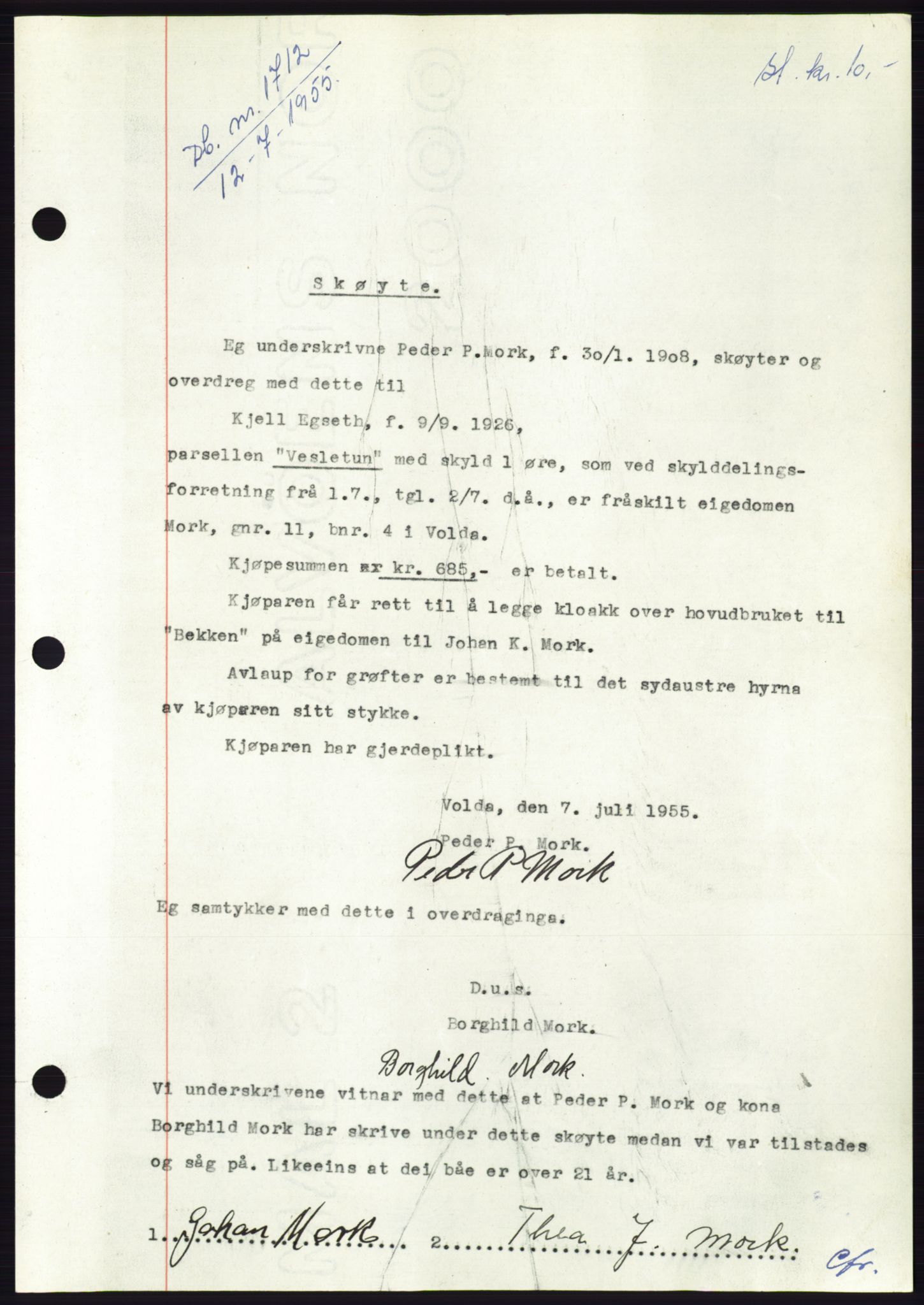 Søre Sunnmøre sorenskriveri, AV/SAT-A-4122/1/2/2C/L0101: Mortgage book no. 27A, 1955-1955, Diary no: : 1712/1955