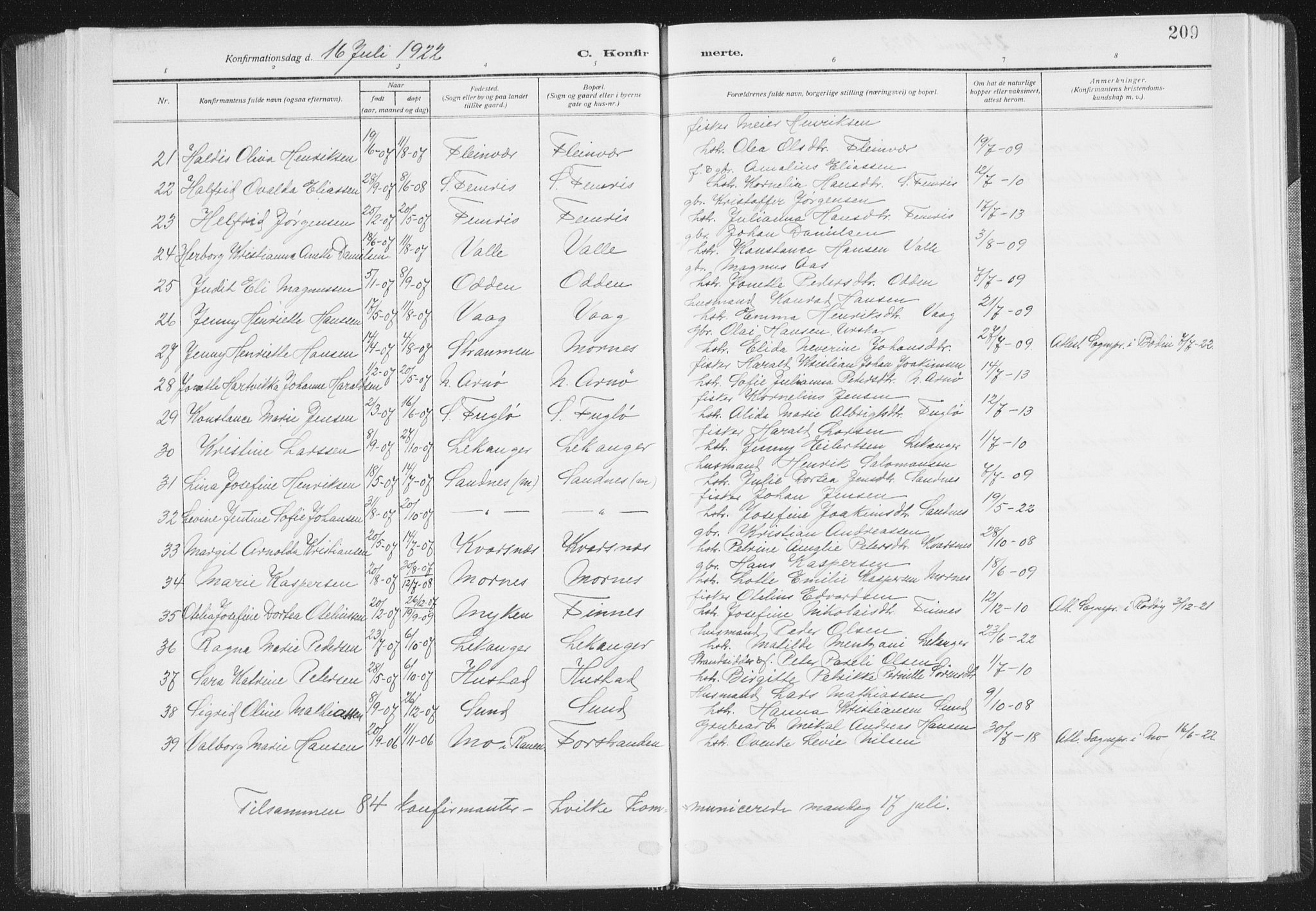 Ministerialprotokoller, klokkerbøker og fødselsregistre - Nordland, AV/SAT-A-1459/805/L0104: Parish register (official) no. 805A09, 1909-1926, p. 209