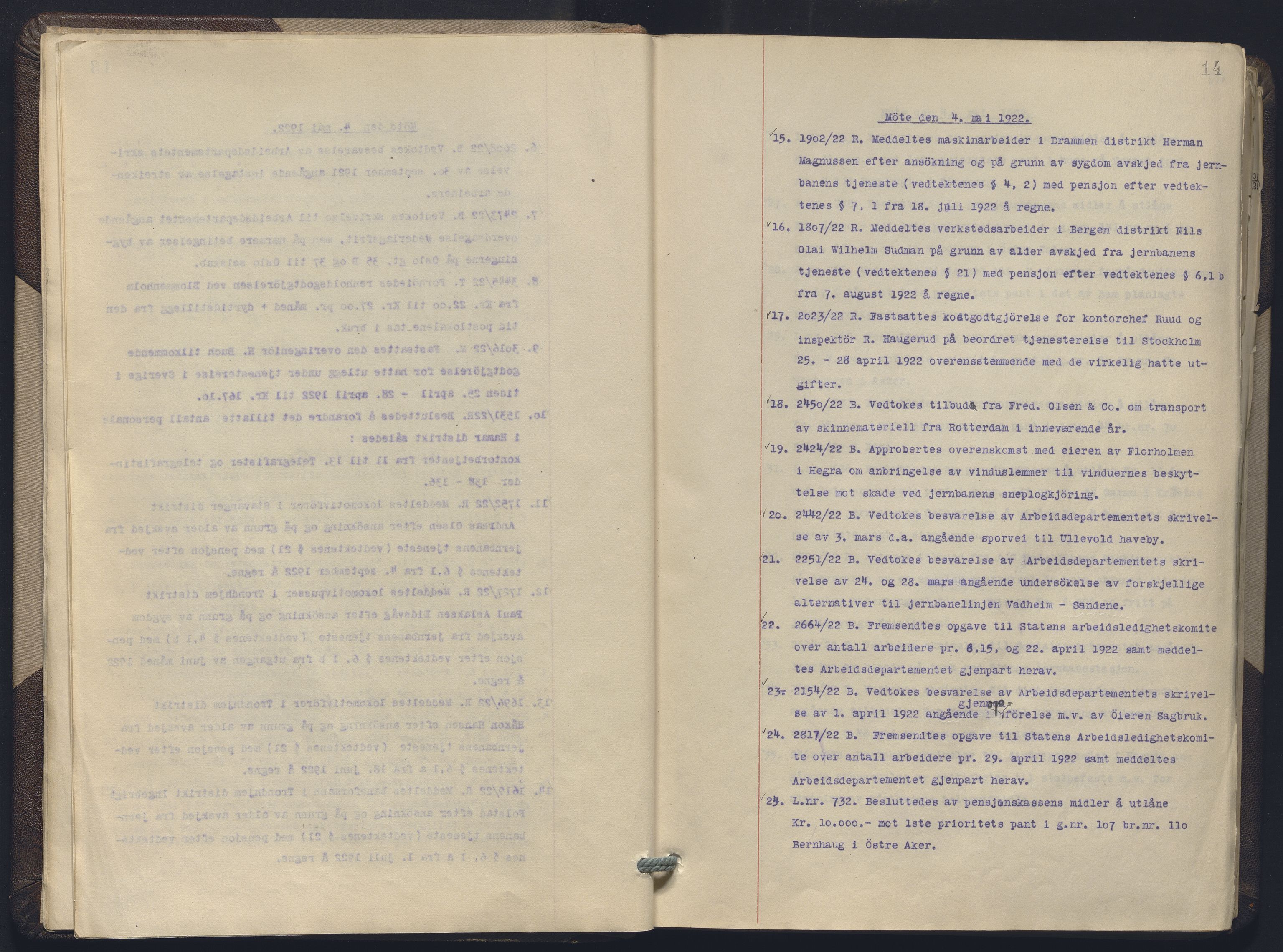 Norges statsbaner, Administrasjons- økonomi- og personalavdelingen, AV/RA-S-3412/A/Aa/L0019: Forhandlingsprotokoll, 1922-1924, p. 14