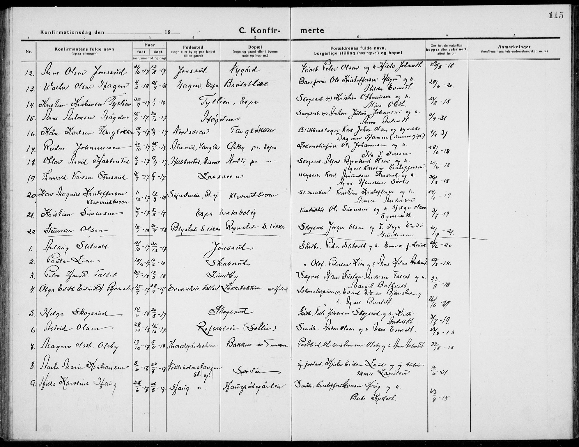 Stange prestekontor, SAH/PREST-002/L/L0017: Parish register (copy) no. 17, 1918-1936, p. 115