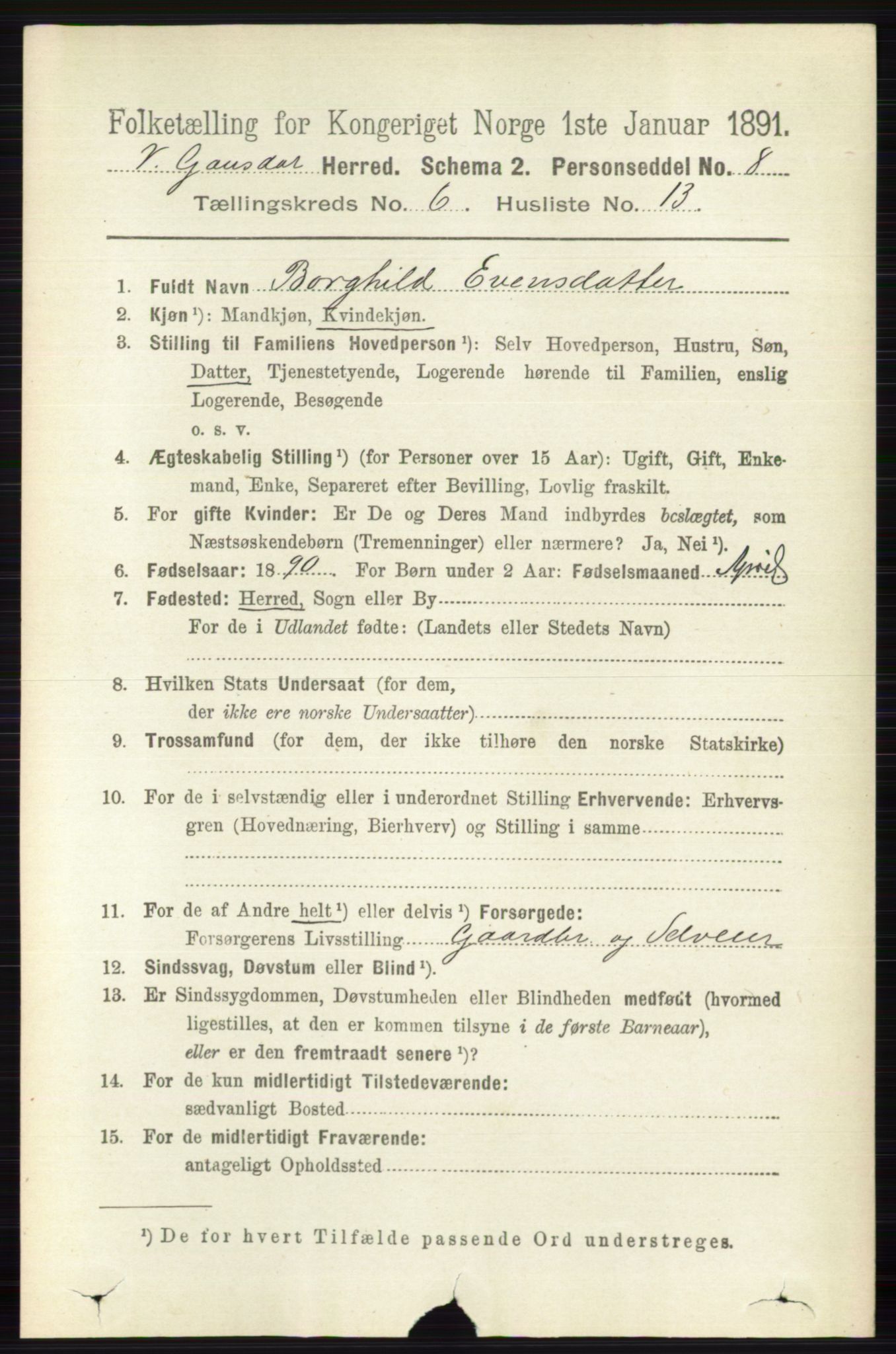 RA, 1891 census for 0523 Vestre Gausdal, 1891, p. 2643