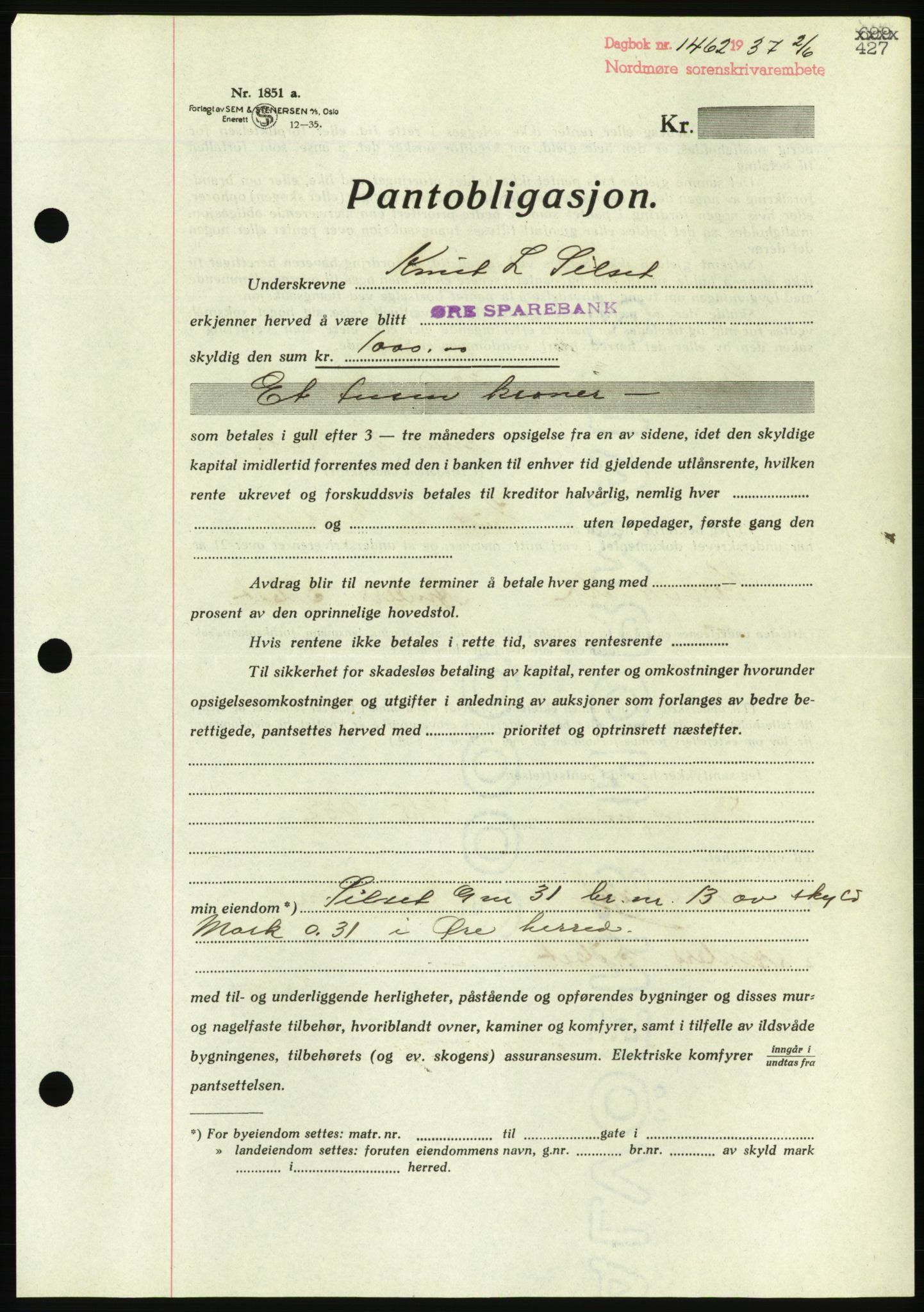 Nordmøre sorenskriveri, AV/SAT-A-4132/1/2/2Ca/L0091: Mortgage book no. B81, 1937-1937, Diary no: : 1462/1937