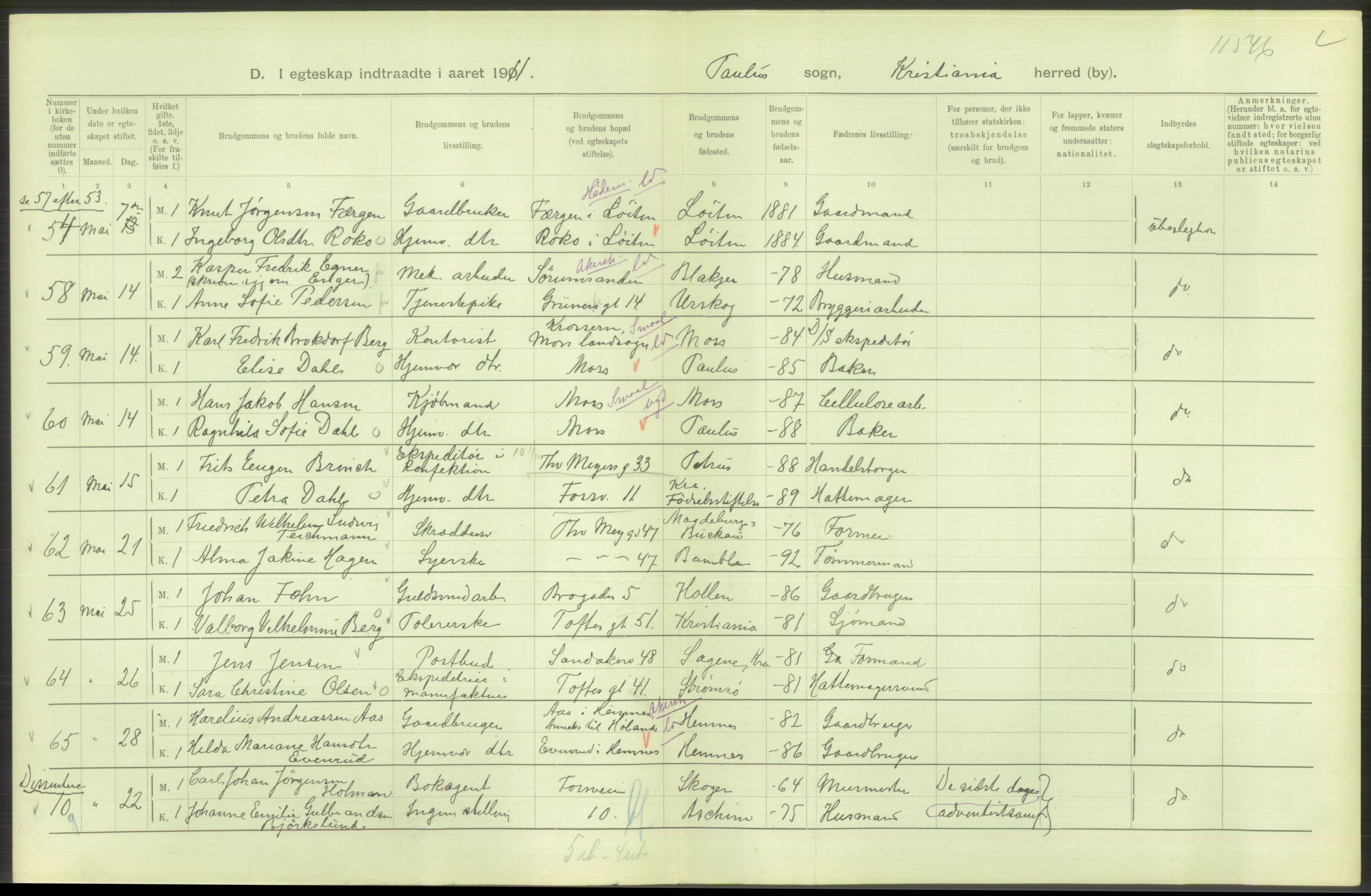 Statistisk sentralbyrå, Sosiodemografiske emner, Befolkning, AV/RA-S-2228/D/Df/Dfb/Dfba/L0008: Kristiania: Gifte, 1911, p. 78