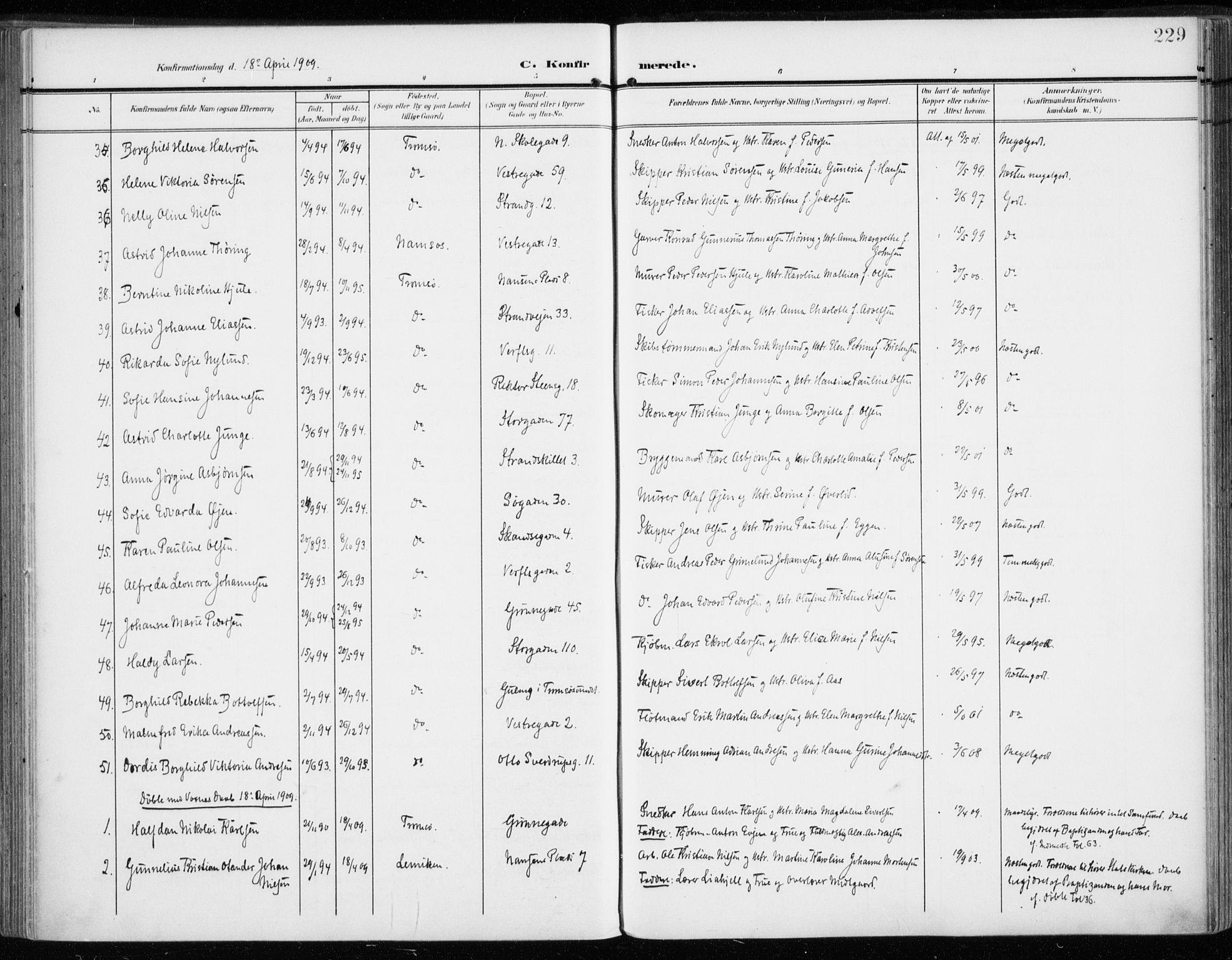 Tromsø sokneprestkontor/stiftsprosti/domprosti, AV/SATØ-S-1343/G/Ga/L0017kirke: Parish register (official) no. 17, 1907-1917, p. 229