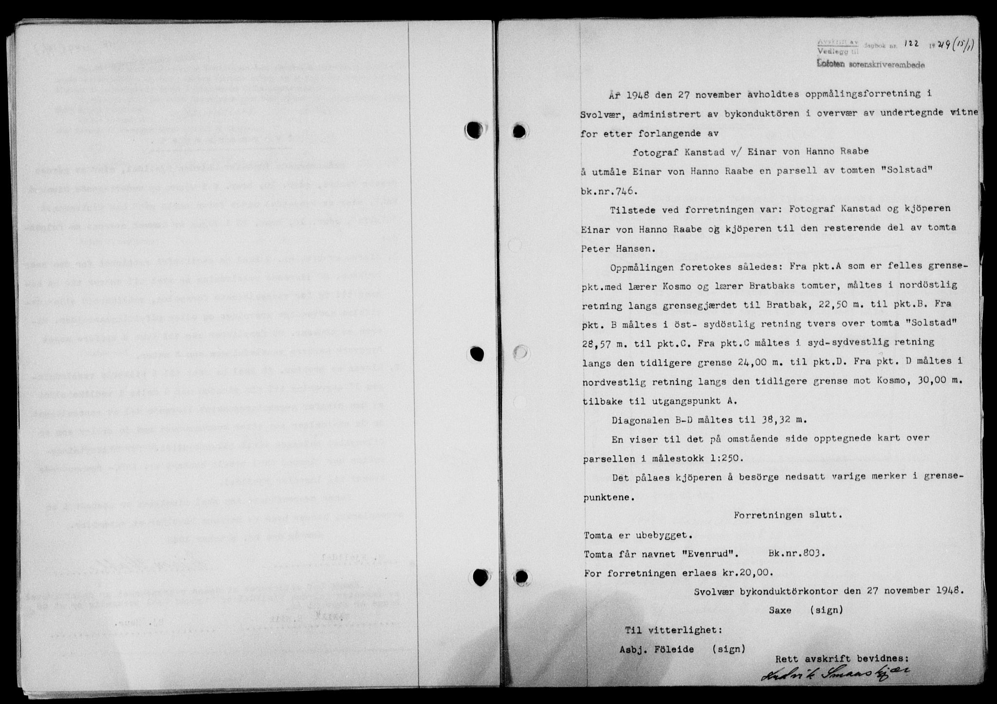 Lofoten sorenskriveri, SAT/A-0017/1/2/2C/L0020a: Mortgage book no. 20a, 1948-1949, Diary no: : 122/1949