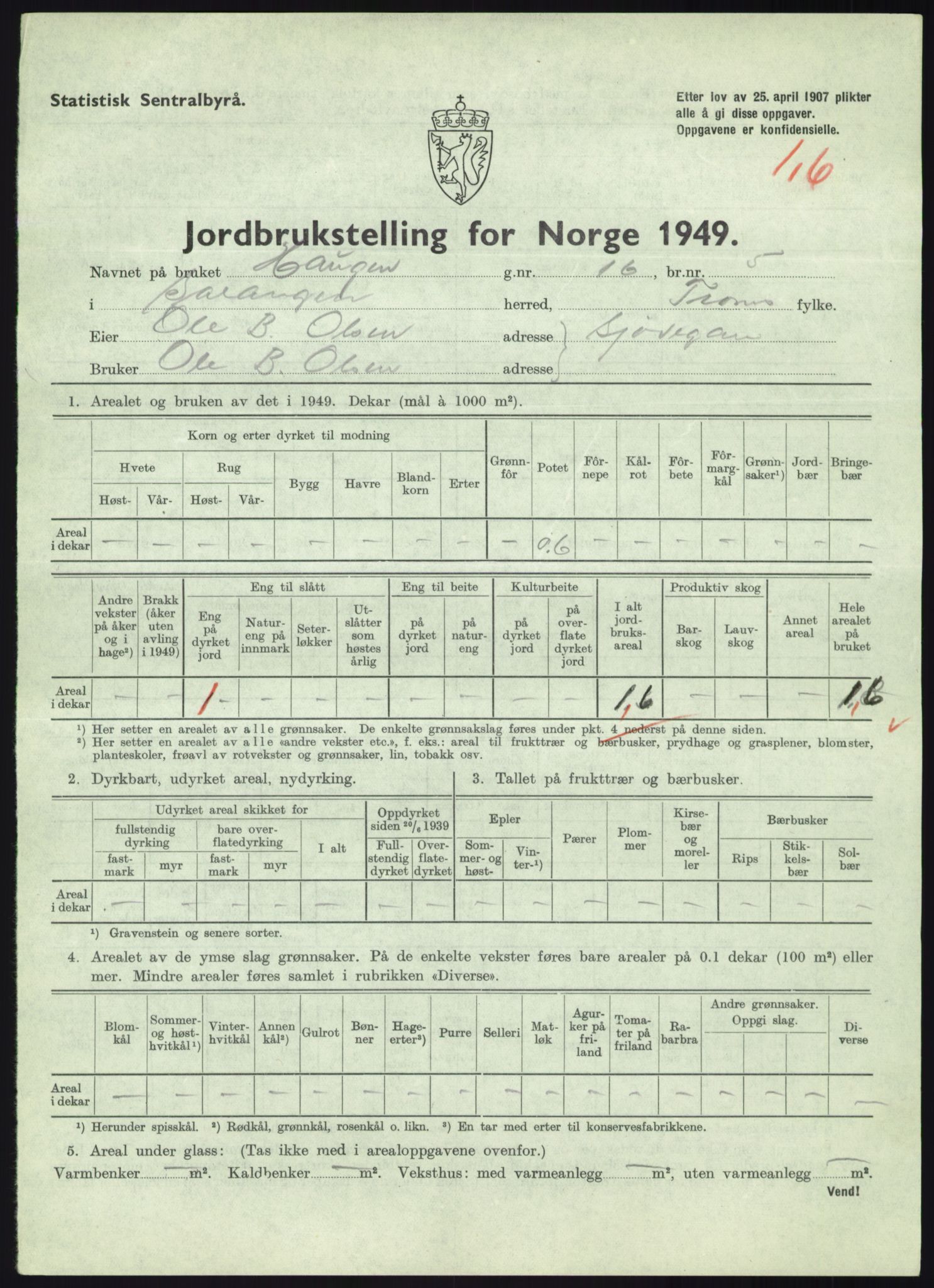 Statistisk sentralbyrå, Næringsøkonomiske emner, Jordbruk, skogbruk, jakt, fiske og fangst, AV/RA-S-2234/G/Gc/L0438: Troms: Salangen og Bardu, 1949, p. 78