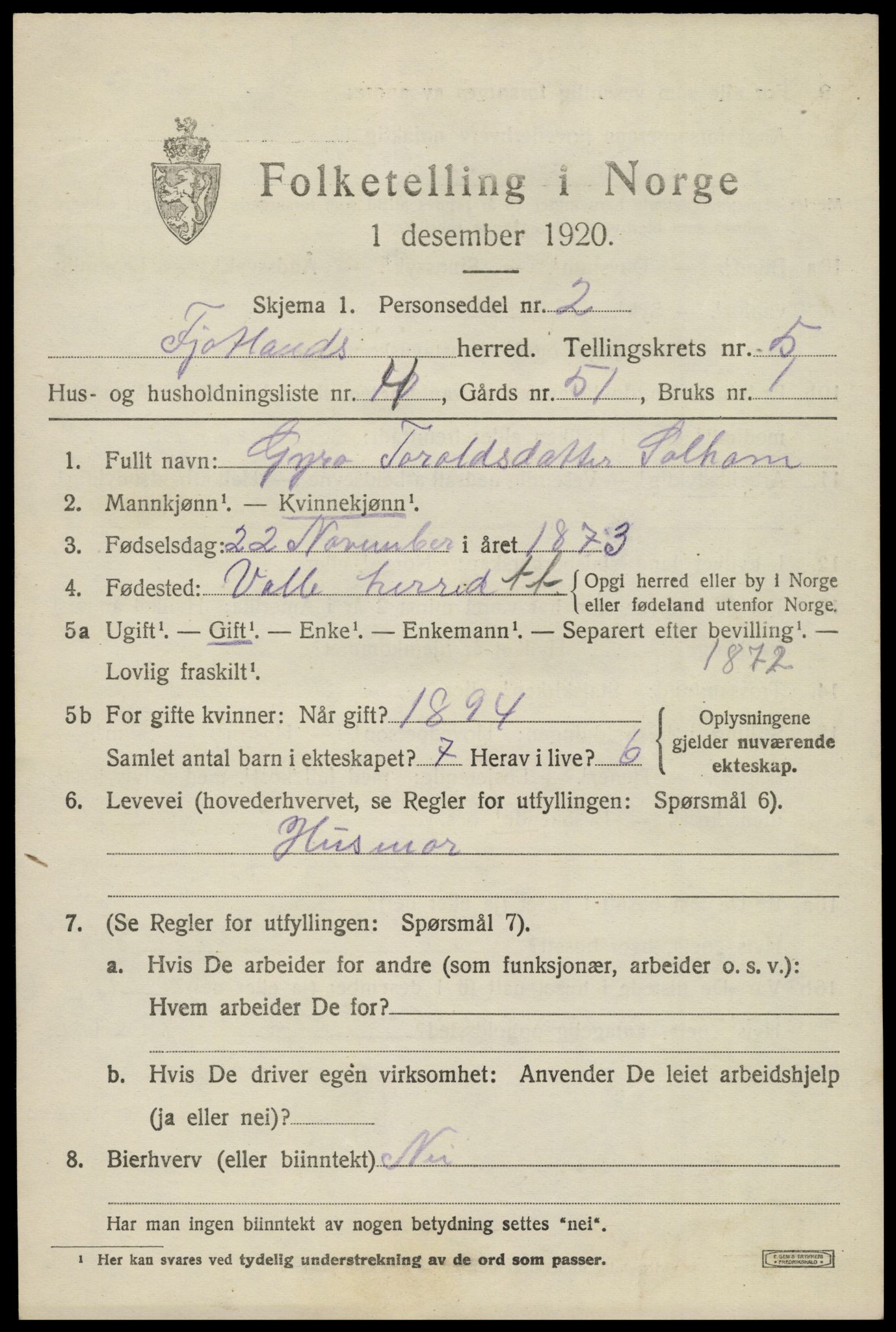 SAK, 1920 census for Fjotland, 1920, p. 1560