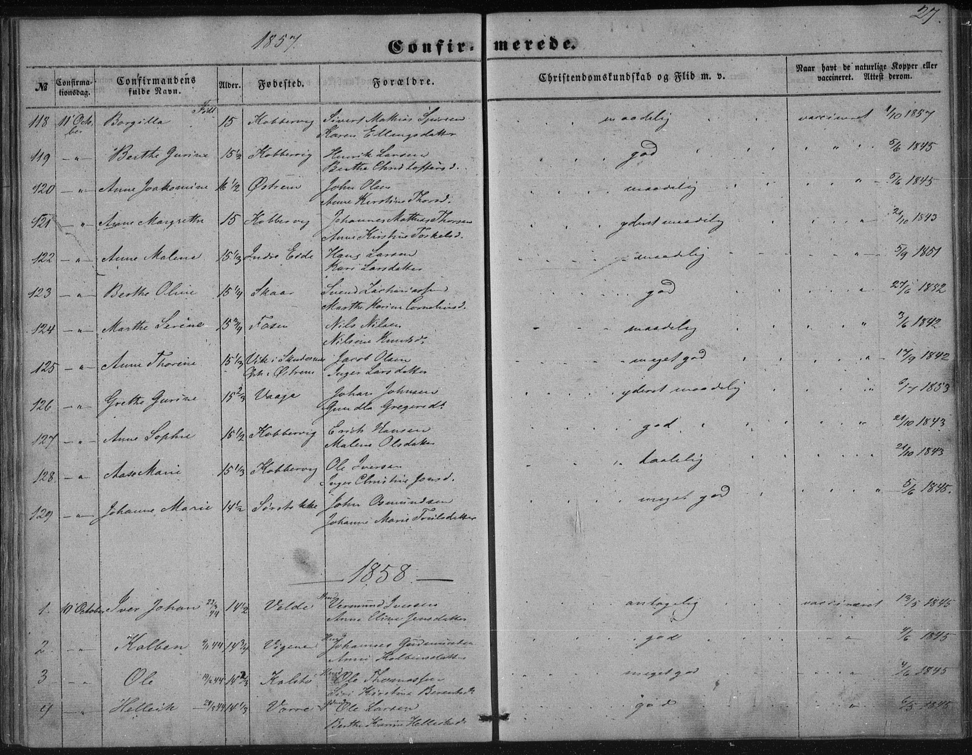 Avaldsnes sokneprestkontor, SAST/A -101851/H/Ha/Haa/L0009: Parish register (official) no. A 9, 1853-1865, p. 27