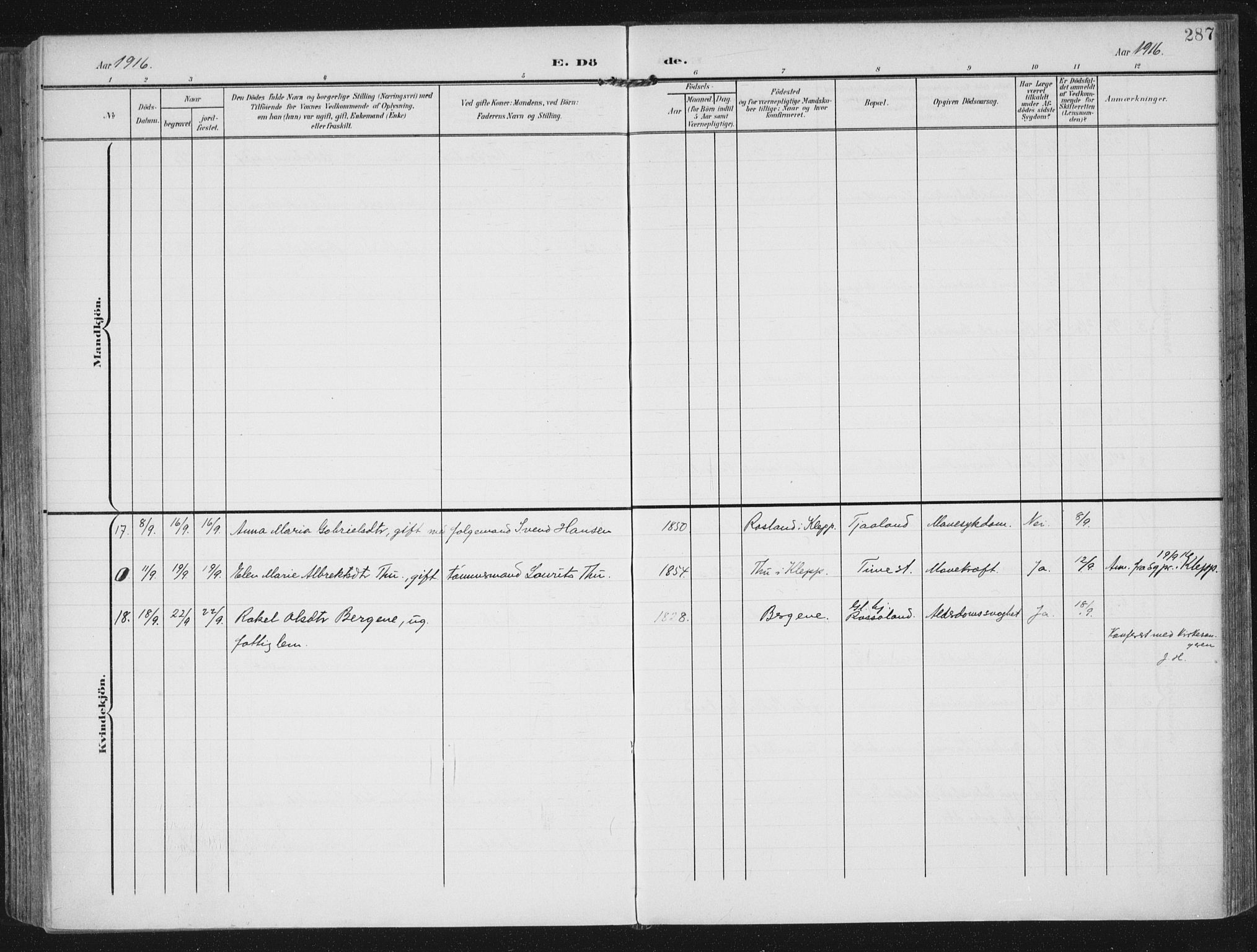 Lye sokneprestkontor, AV/SAST-A-101794/002/A/L0001: Parish register (official) no. A 12, 1904-1920, p. 287