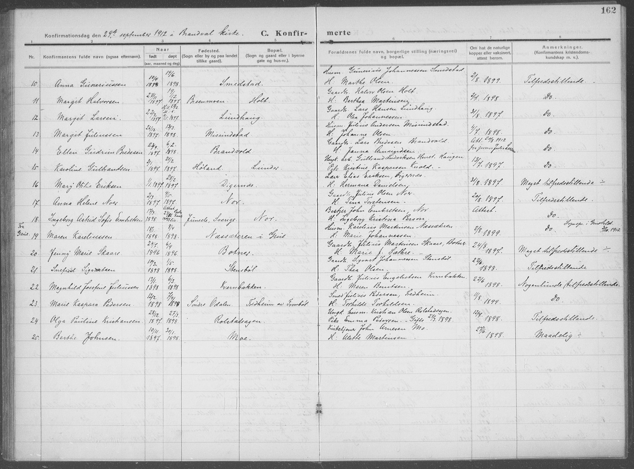 Brandval prestekontor, SAH/PREST-034/H/Ha/Haa/L0004: Parish register (official) no. 4, 1910-1924, p. 162