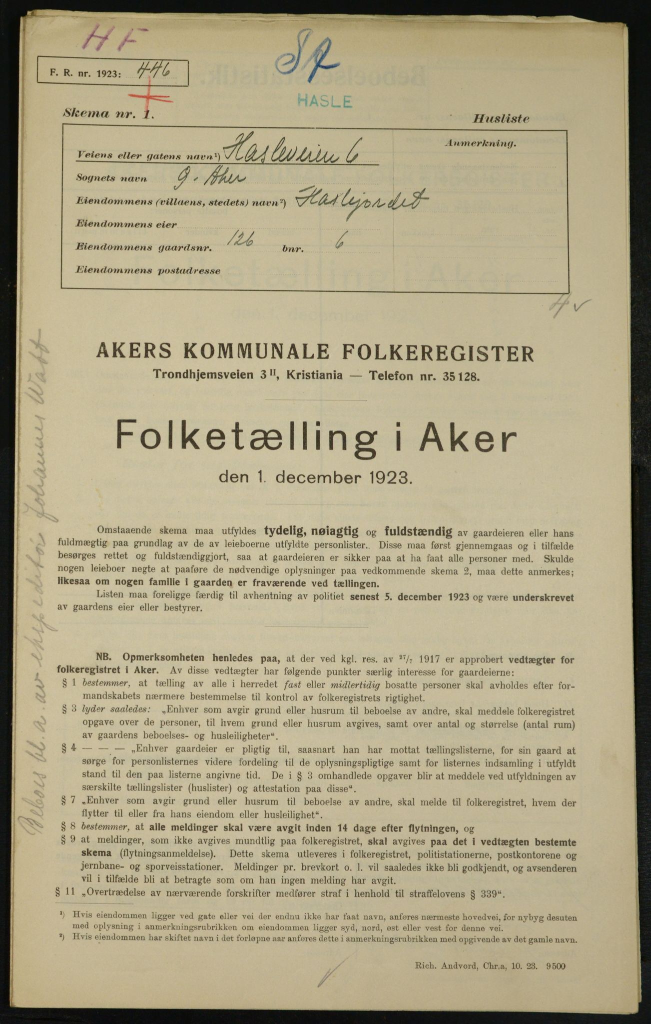 , Municipal Census 1923 for Aker, 1923, p. 25344