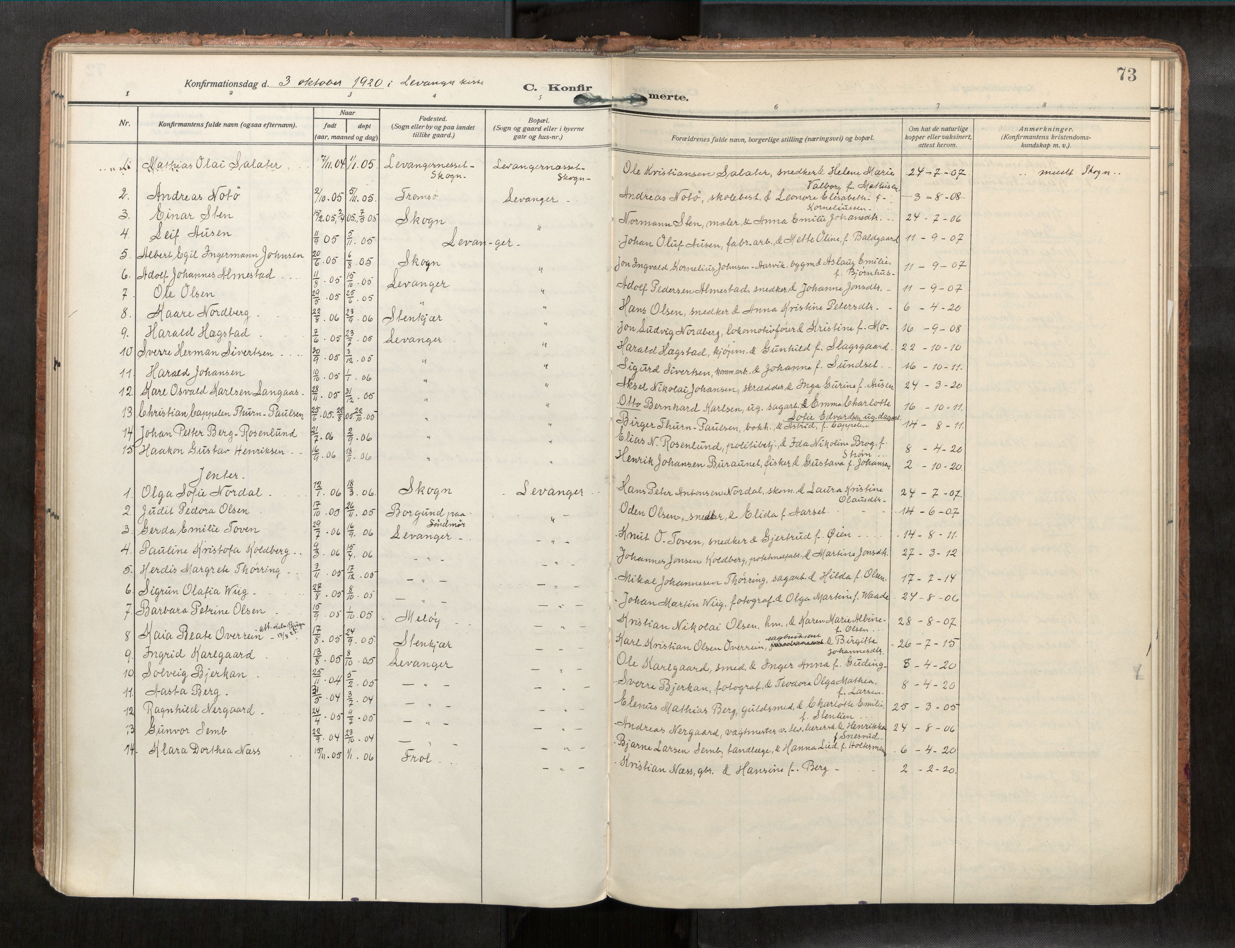 Levanger sokneprestkontor, SAT/A-1301/2/H/Haa/L0001: Parish register (official) no. 1, 1912-1932, p. 73