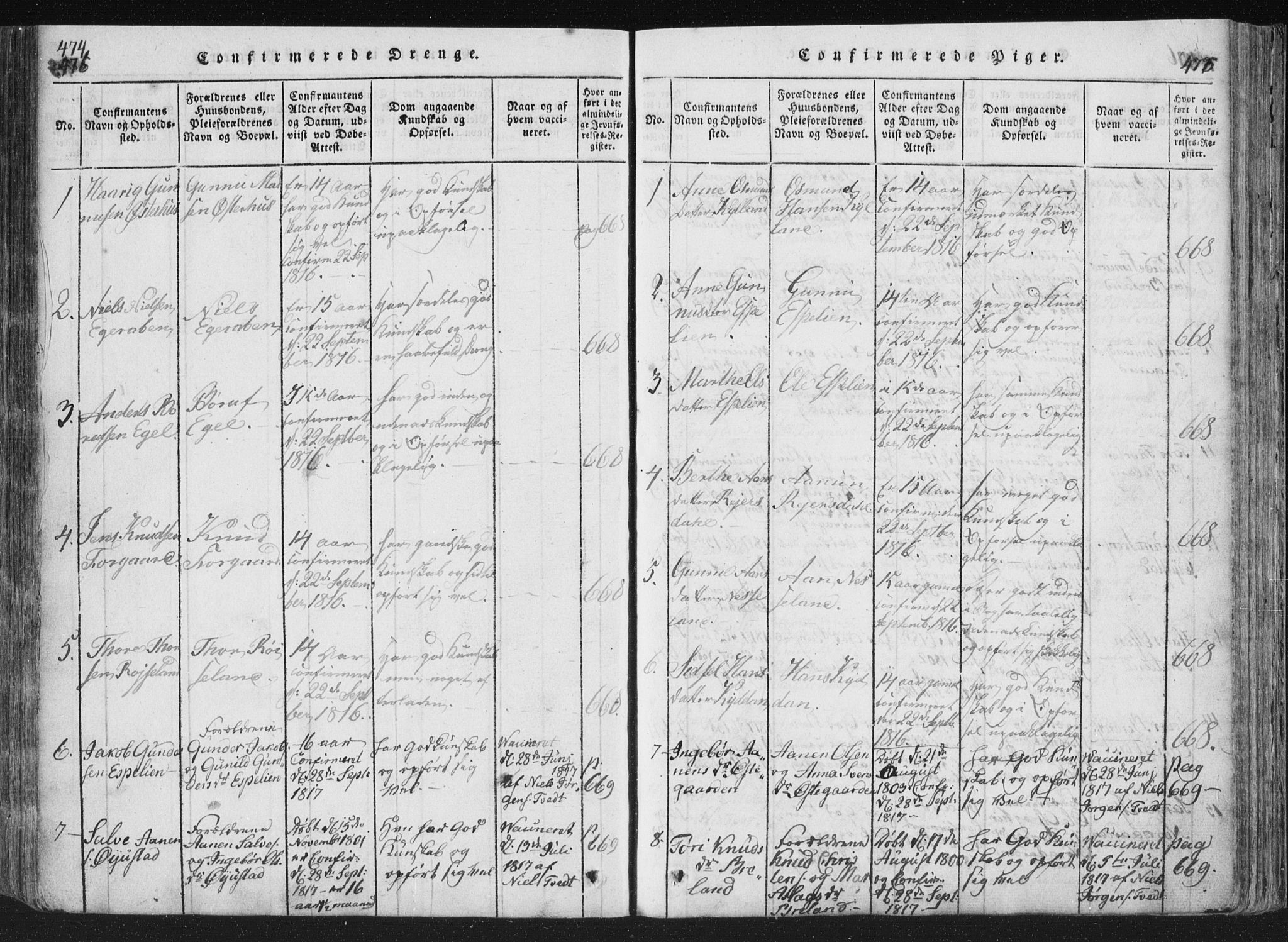 Åseral sokneprestkontor, SAK/1111-0051/F/Fa/L0001: Parish register (official) no. A 1, 1815-1853, p. 474-475