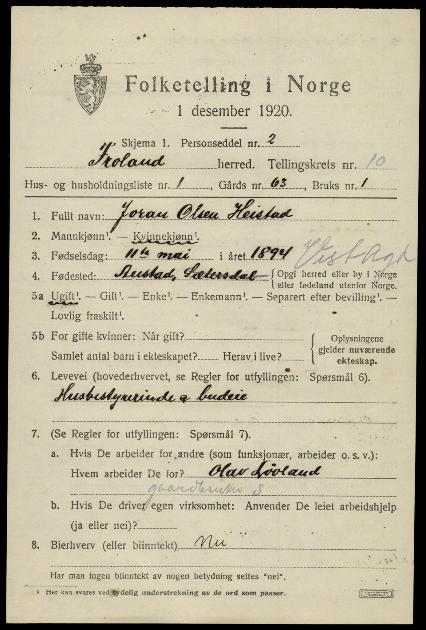 SAK, 1920 census for Froland, 1920, p. 5275