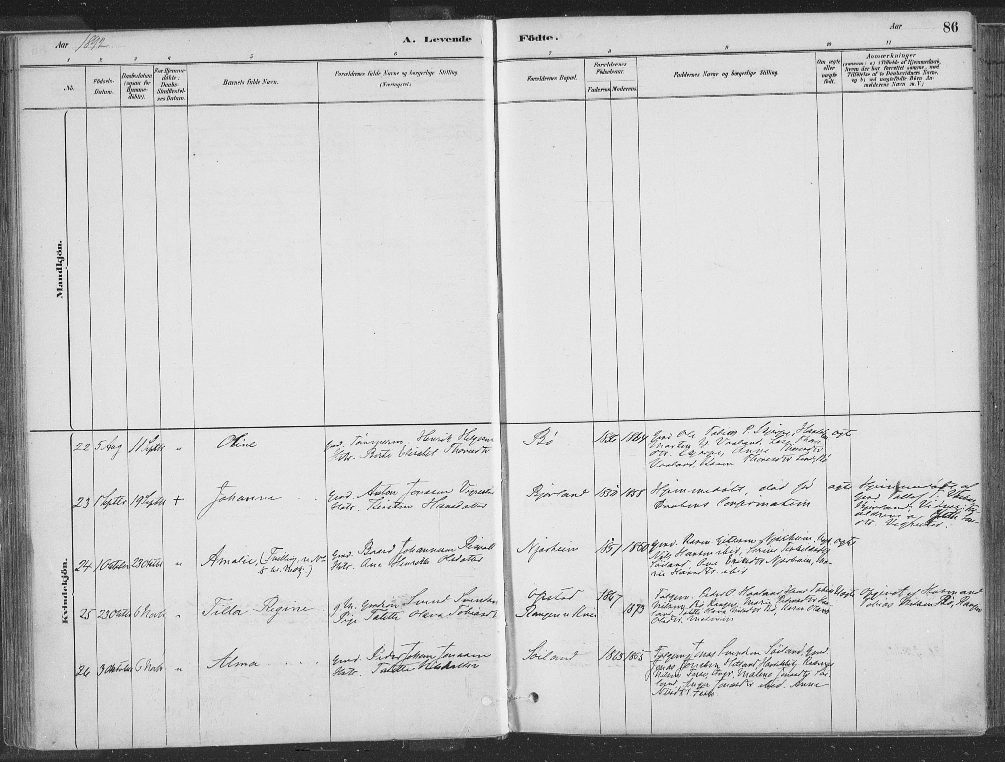 Hå sokneprestkontor, AV/SAST-A-101801/001/30BA/L0010: Parish register (official) no. A 9, 1879-1896, p. 86