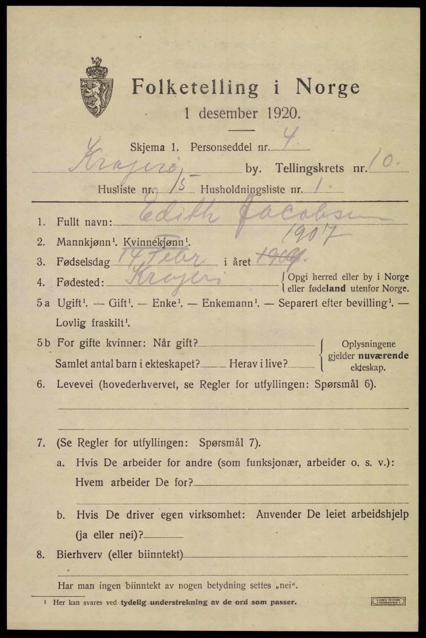 SAKO, 1920 census for Kragerø, 1920, p. 13169