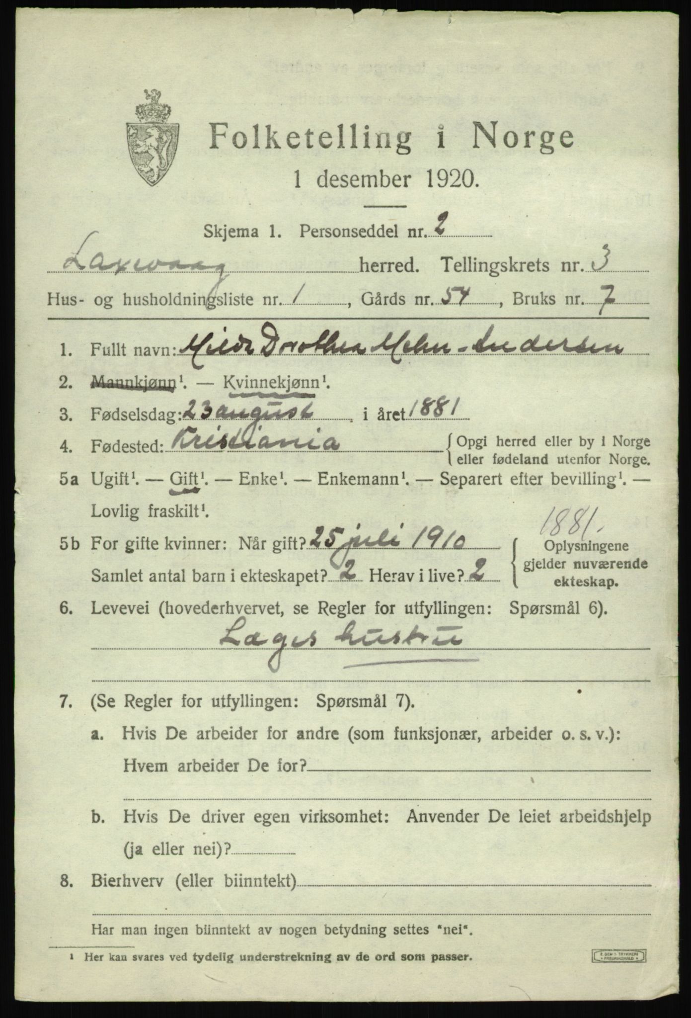 SAB, 1920 census for Laksevåg, 1920, p. 7988