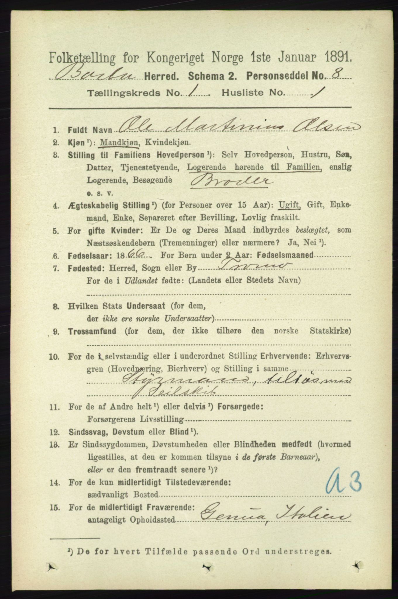 RA, 1891 census for 0990 Barbu, 1891, p. 137