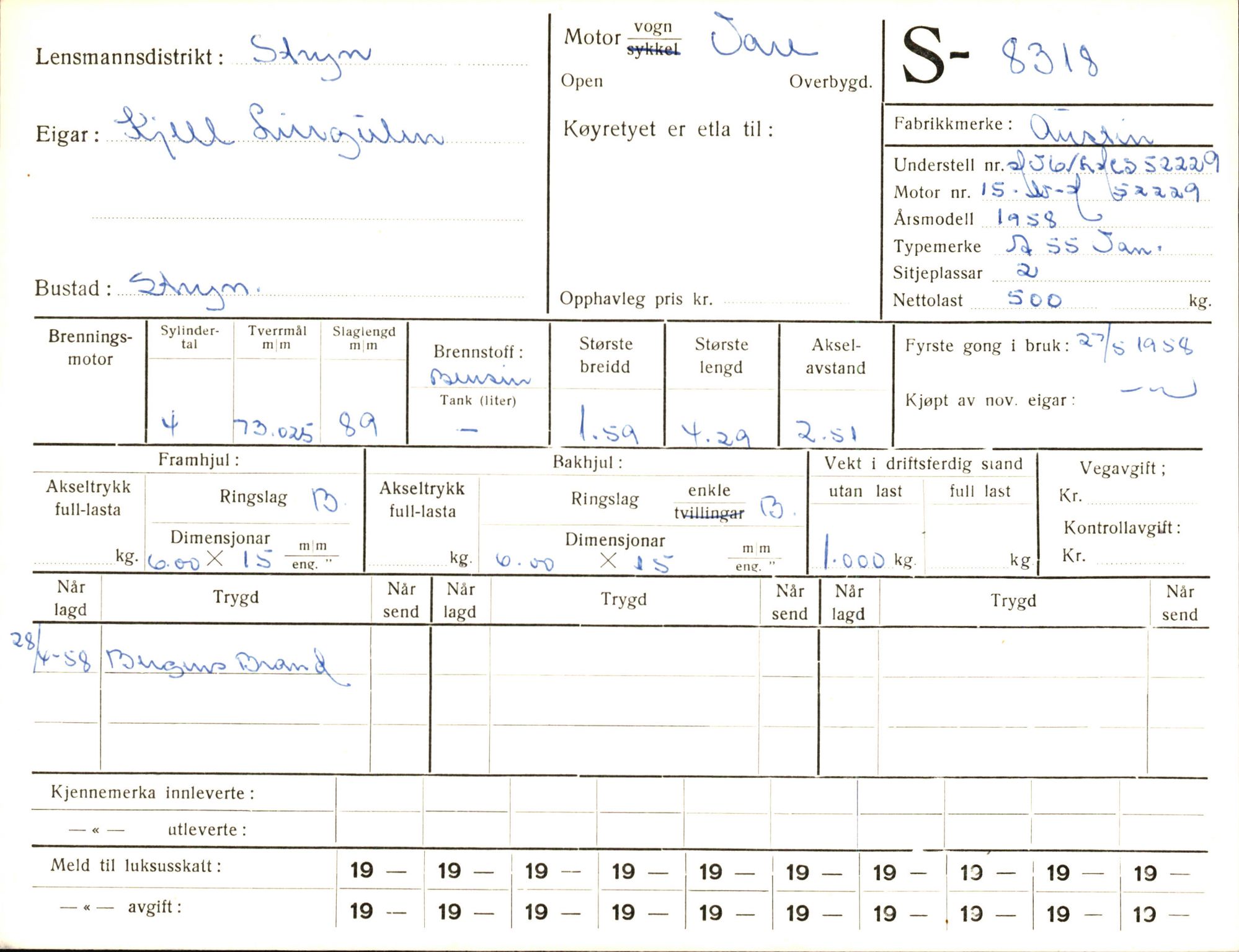 Statens vegvesen, Sogn og Fjordane vegkontor, AV/SAB-A-5301/4/F/L0006: Registerkort utmeldte Fjordane S8300-9500, 1930-1961, p. 32
