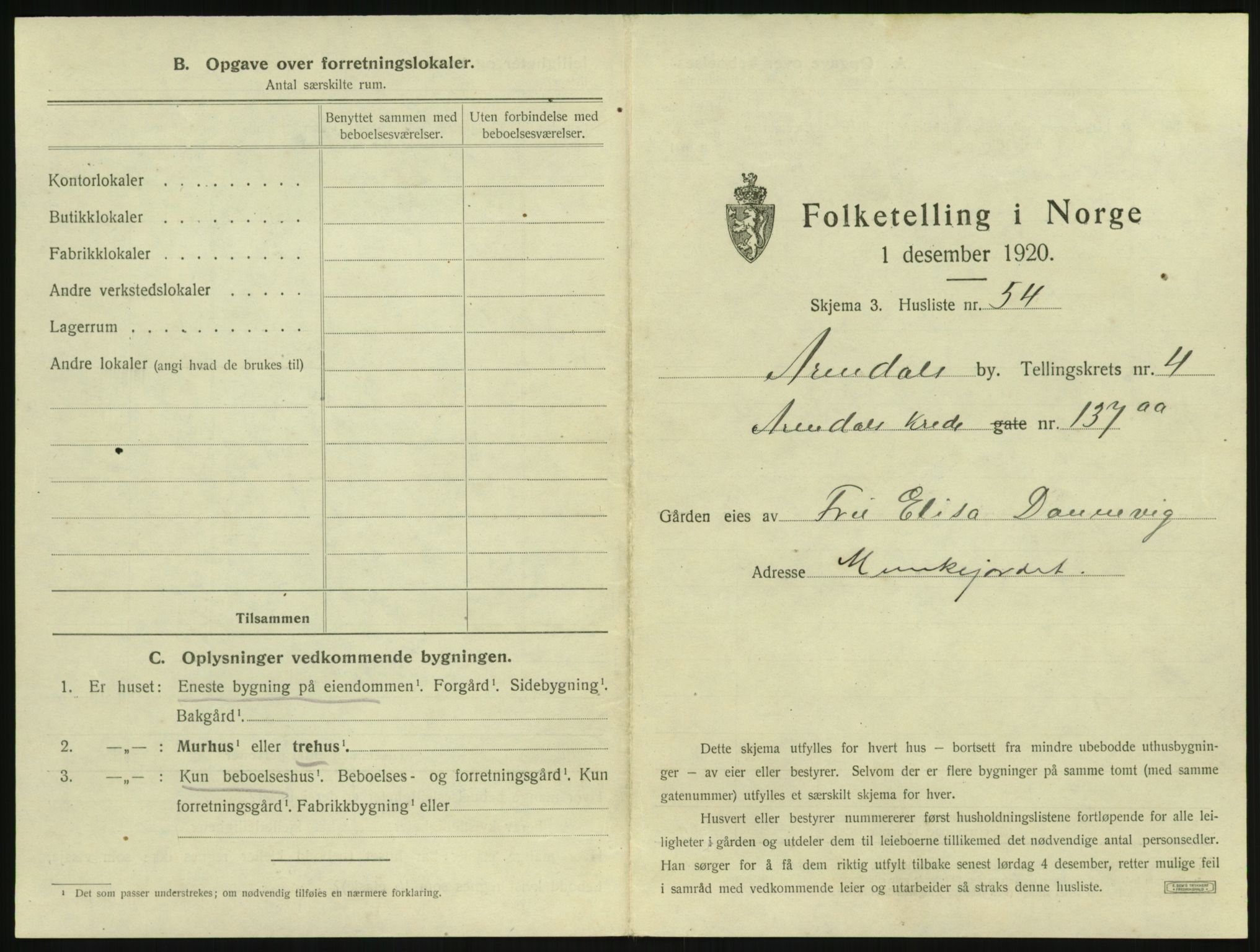 SAK, 1920 census for Arendal, 1920, p. 564